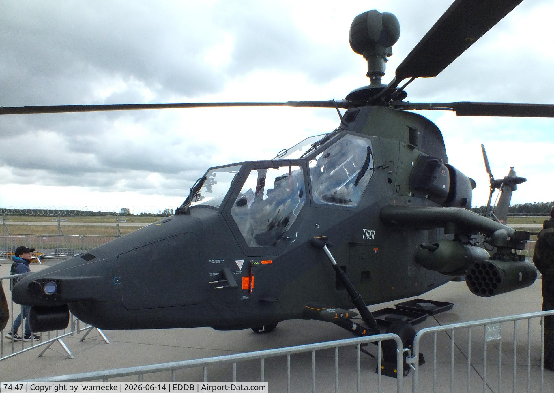 Aircraft 74 47, Eurocopter EC-665 Tiger UHT, c/n 1047/UHT47, Eurocopter EC665 Tiger UHT of the Heeresflieger (German army aviation) at ILA 2026, Berlin, at EDDB, photo by iwarnecke