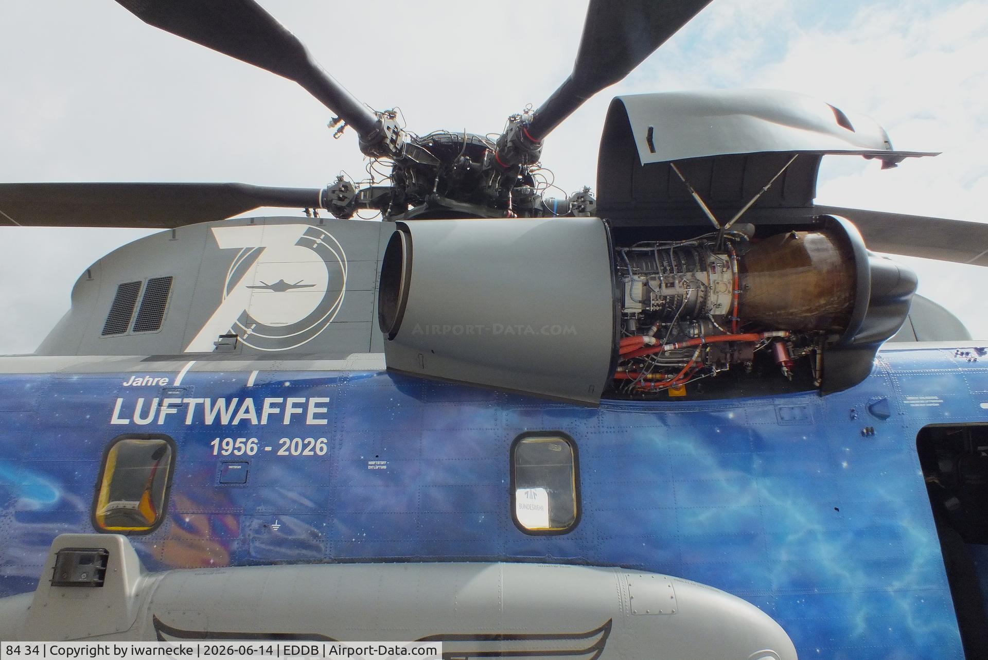 Aircraft 84 34, Sikorsky (VFW-Fokker) CH-53GS, c/n V65-032, Sikorsky (VFW-Fokker) CH-53GS of the Luftwaffe (German Air Force) in '70 Jahre Luftwaffe / 70 years of Luftwaffe' special colours at ILA 2026, Berlin, at EDDB, photo by iwarnecke