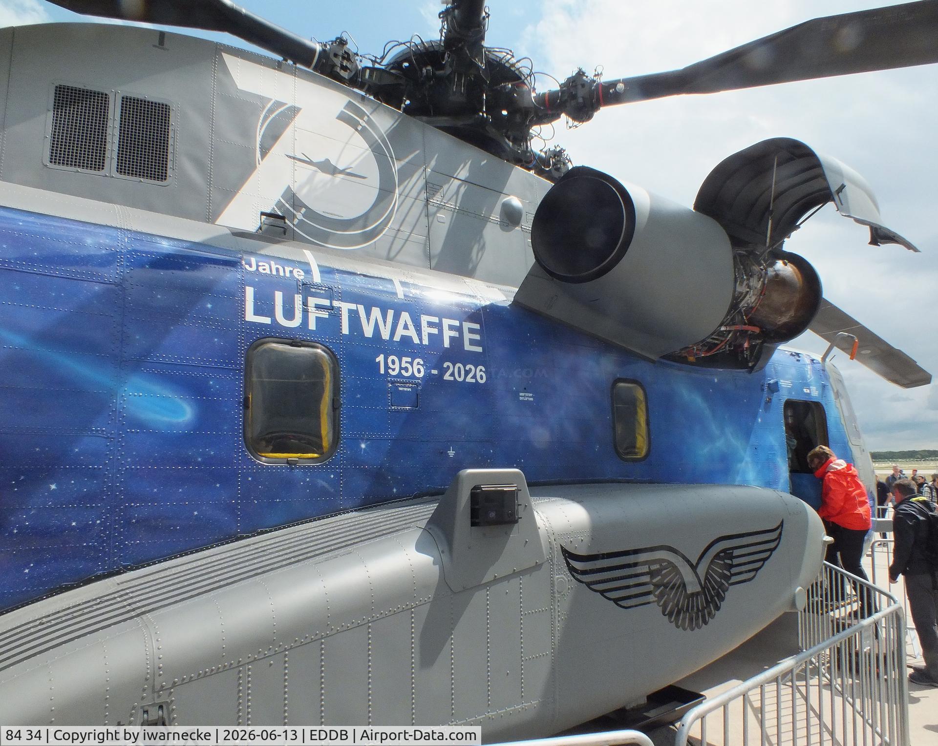 Aircraft 84 34, Sikorsky (VFW-Fokker) CH-53GS, c/n V65-032, Sikorsky (VFW-Fokker) CH-53GS of the Luftwaffe (German Air Force) in '70 Jahre Luftwaffe / 70 years of Luftwaffe' special colours at ILA 2026, Berlin, at EDDB, photo by iwarnecke
