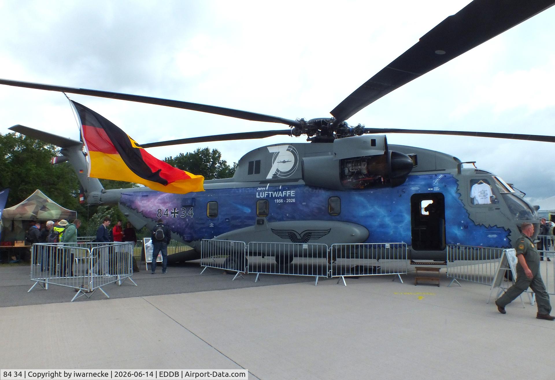 Aircraft 84 34, Sikorsky (VFW-Fokker) CH-53GS, c/n V65-032, Sikorsky (VFW-Fokker) CH-53GS of the Luftwaffe (German Air Force) in '70 Jahre Luftwaffe / 70 years of Luftwaffe' special colours at ILA 2026, Berlin, at EDDB, photo by iwarnecke