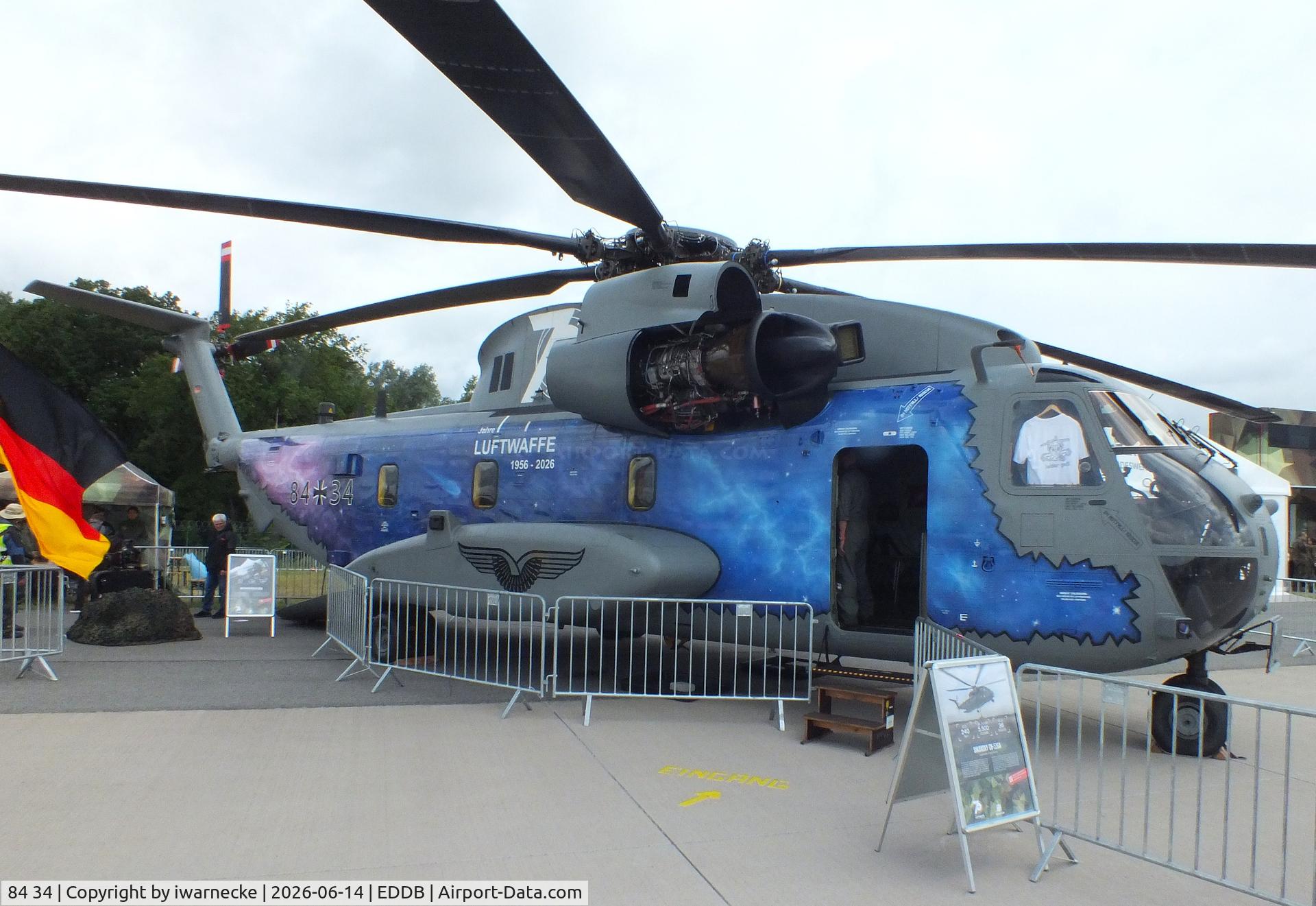 Aircraft 84 34, Sikorsky (VFW-Fokker) CH-53GS, c/n V65-032, Sikorsky (VFW-Fokker) CH-53GS of the Luftwaffe (German Air Force) in '70 Jahre Luftwaffe / 70 years of Luftwaffe' special colours at ILA 2026, Berlin, at EDDB, photo by iwarnecke