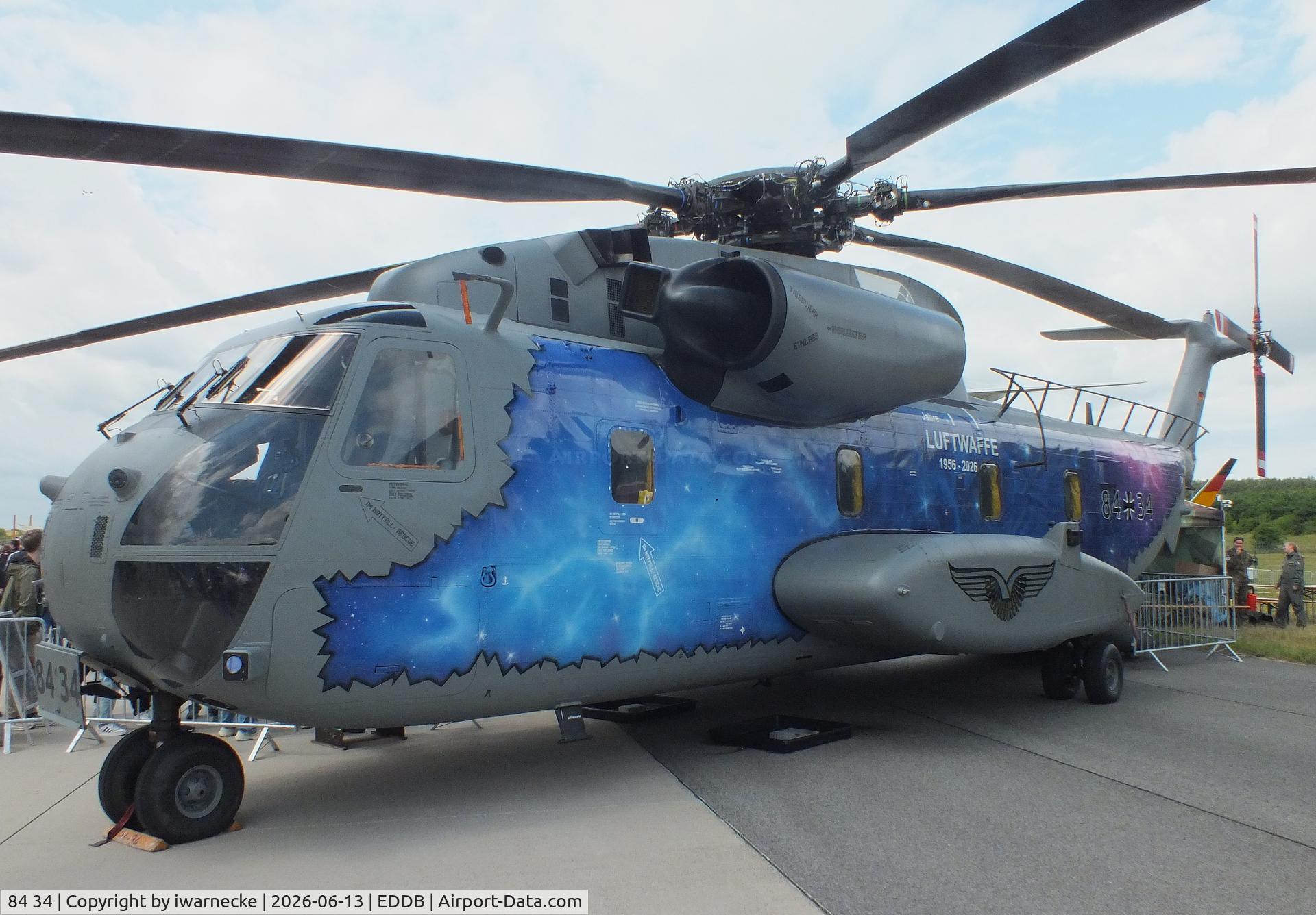 Aircraft 84 34, Sikorsky (VFW-Fokker) CH-53GS, c/n V65-032, Sikorsky (VFW-Fokker) CH-53GS of the Luftwaffe (German Air Force) in '70 Jahre Luftwaffe / 70 years of Luftwaffe' special colours at ILA 2026, Berlin, at EDDB, photo by iwarnecke