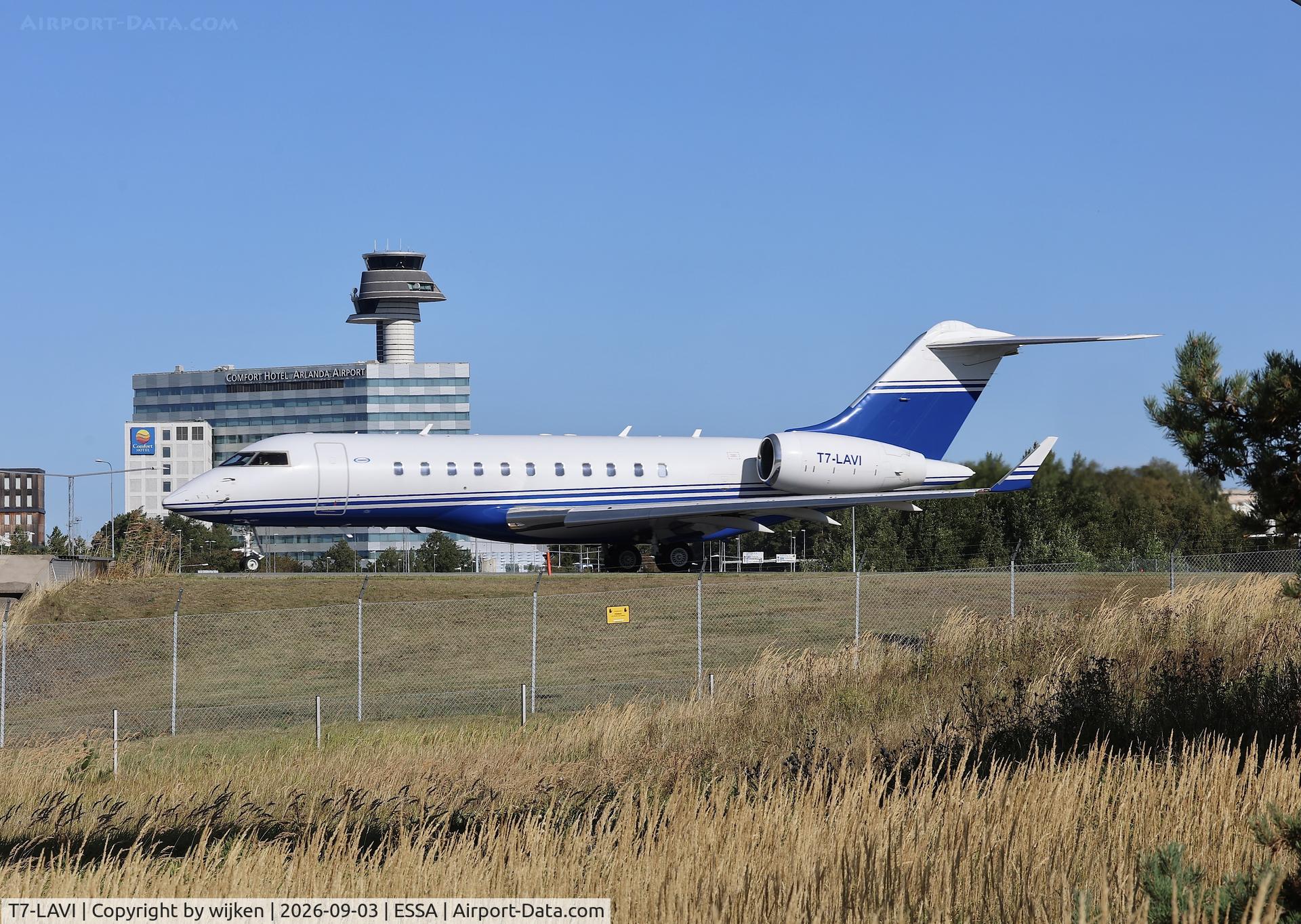 Aircraft T7-LAVI, 2010 Bombardier BD-700 Global 5000, c/n 9408, Twy U, at ESSA, photo by wijken