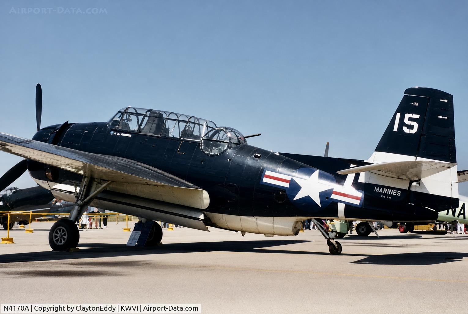 Aircraft N4170A, Grumman TBM-3E Avenger, c/n 4358 (Bu91453), Watsonville airport airshow in California 1995., at KWVI, photo by ClaytonEddy