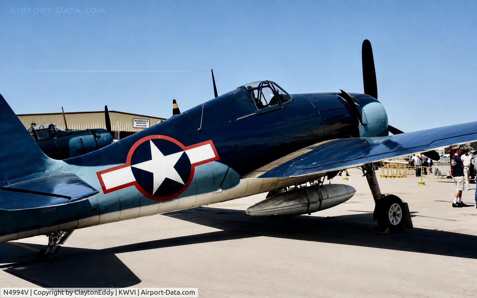 Aircraft N4994V, 1944 Grumman F6F-5 Hellcat, c/n A-11631 (USN93879), Watsonville airport airshow in California 1995., at KWVI, photo by ClaytonEddy