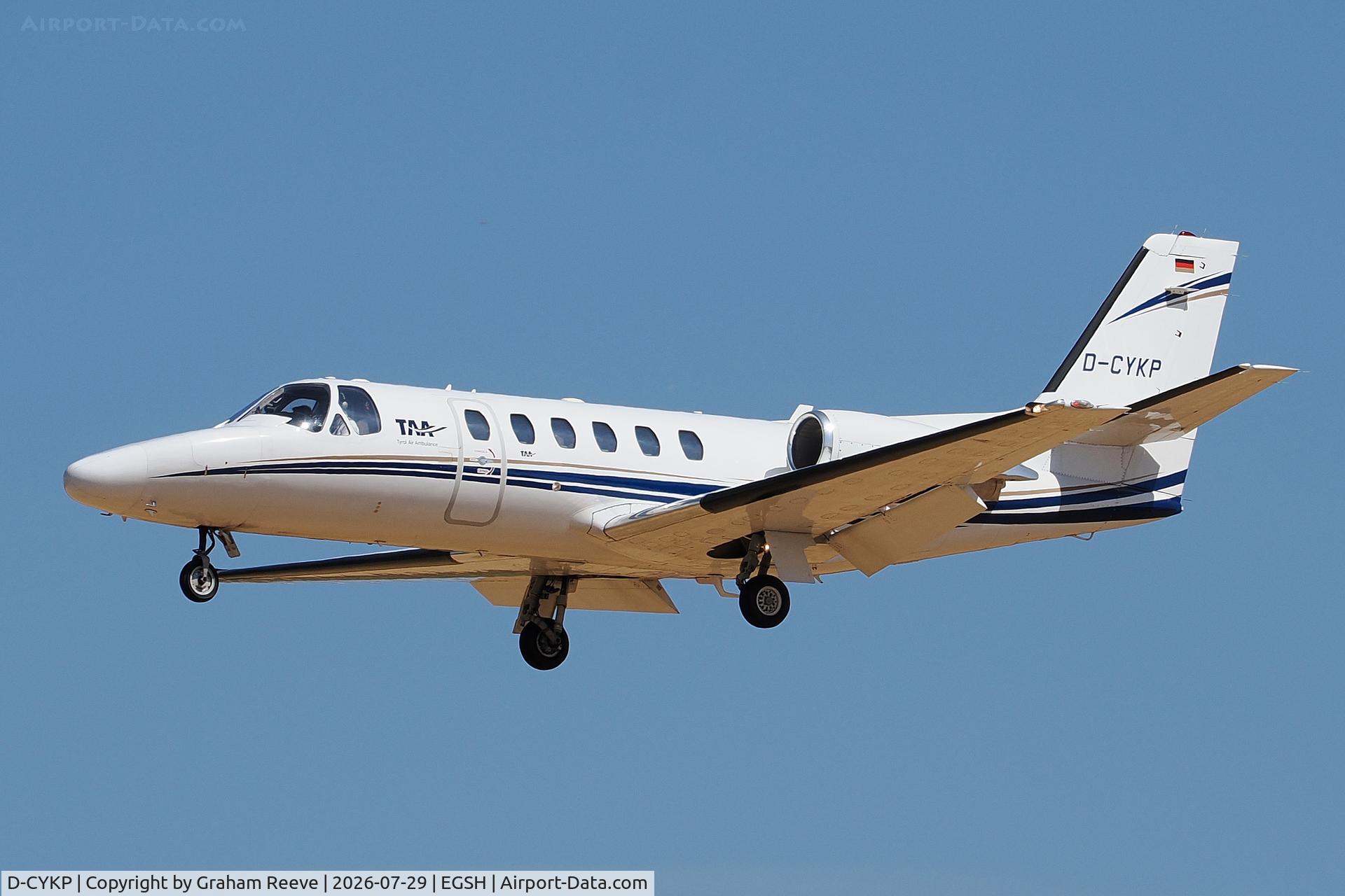 Aircraft D-CYKP, 2002 Cessna 550B Citation Bravo, c/n 550-1017, Landing at Norwich., at EGSH, photo by Graham Reeve