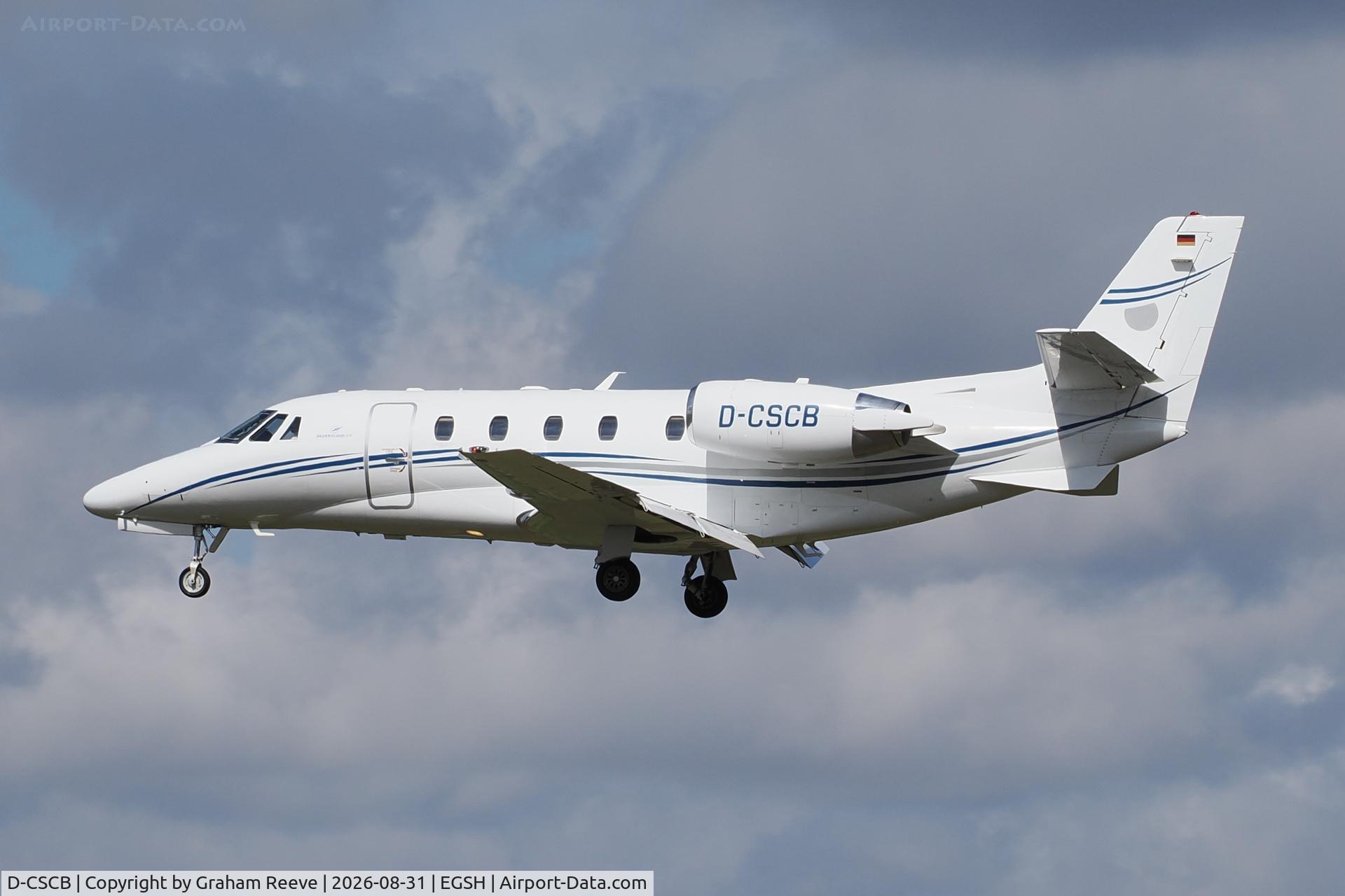 Aircraft D-CSCB, 2015 Cessna 560XL Citation XLS+, c/n 560-6187, Landing at Norwich., at EGSH, photo by Graham Reeve