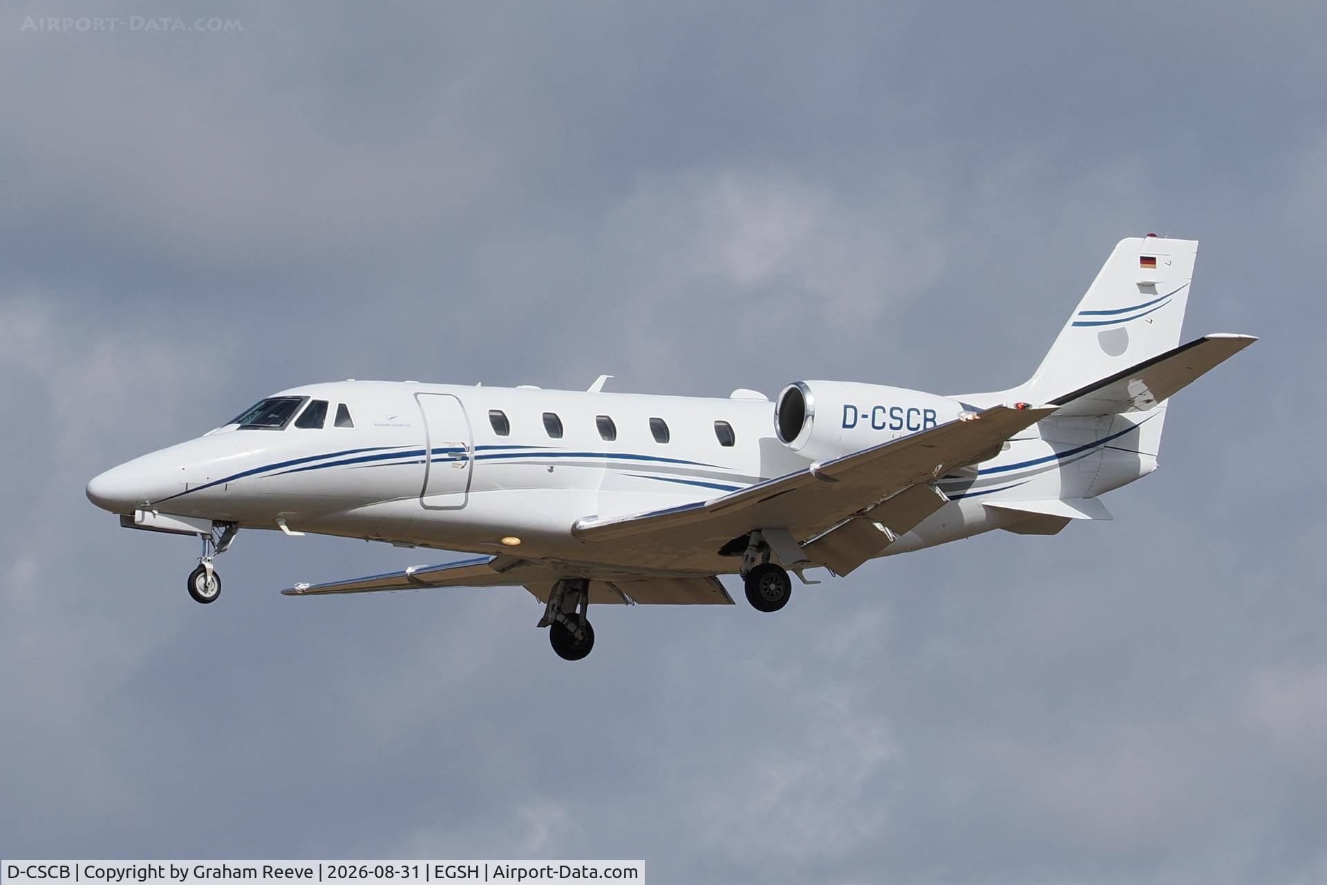 Aircraft D-CSCB, 2015 Cessna 560XL Citation XLS+, c/n 560-6187, Landing at Norwich., at EGSH, photo by Graham Reeve