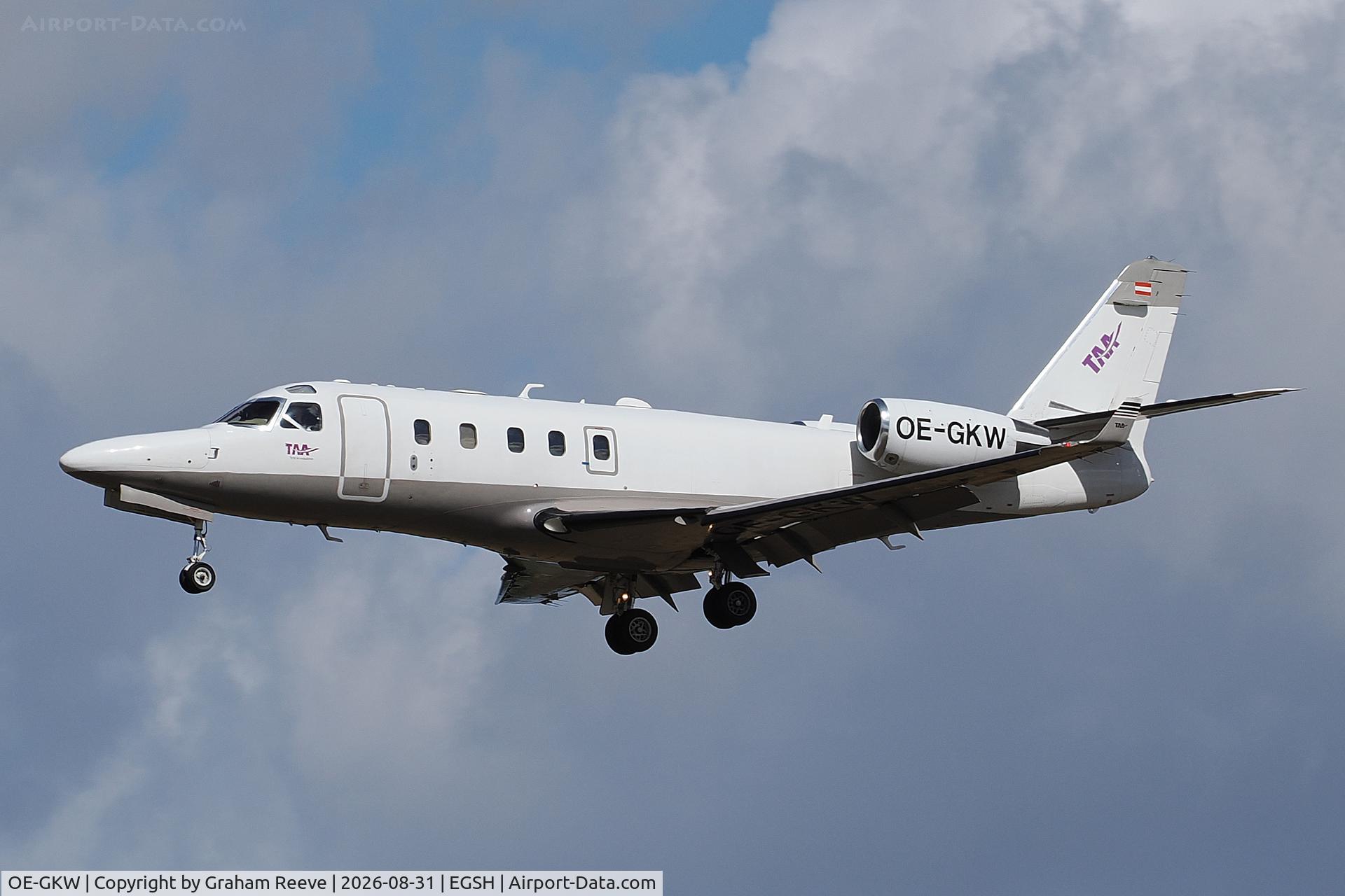 Aircraft OE-GKW, 2003 Gulfstream Aerospace G100, c/n 150, Landing at Norwich., at EGSH, photo by Graham Reeve