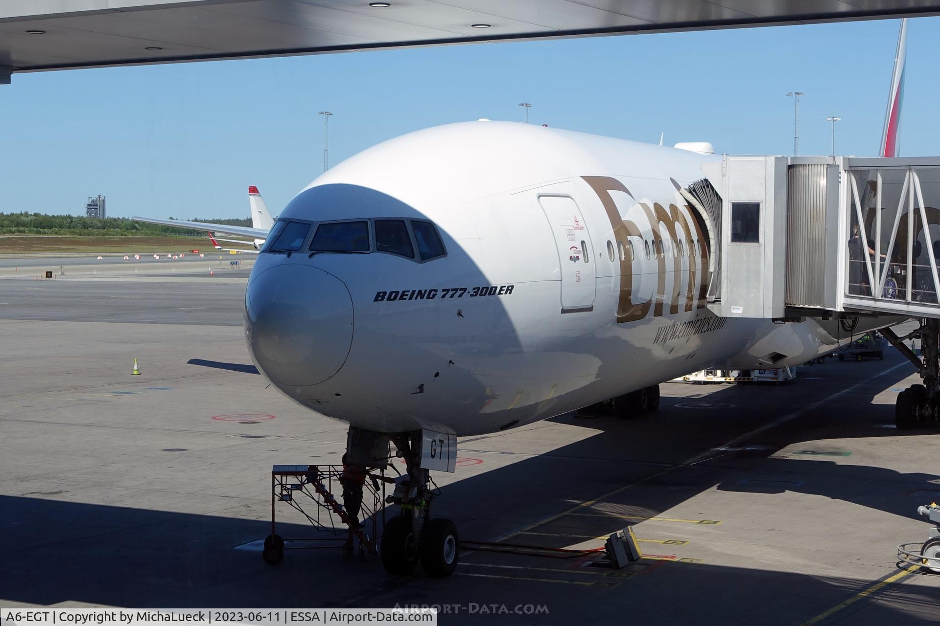 Aircraft A6-EGT, 2012 Boeing 777-31H/ER, c/n 35600 l/n 1024, At Arlanda, at ESSA, photo by MichaLueck