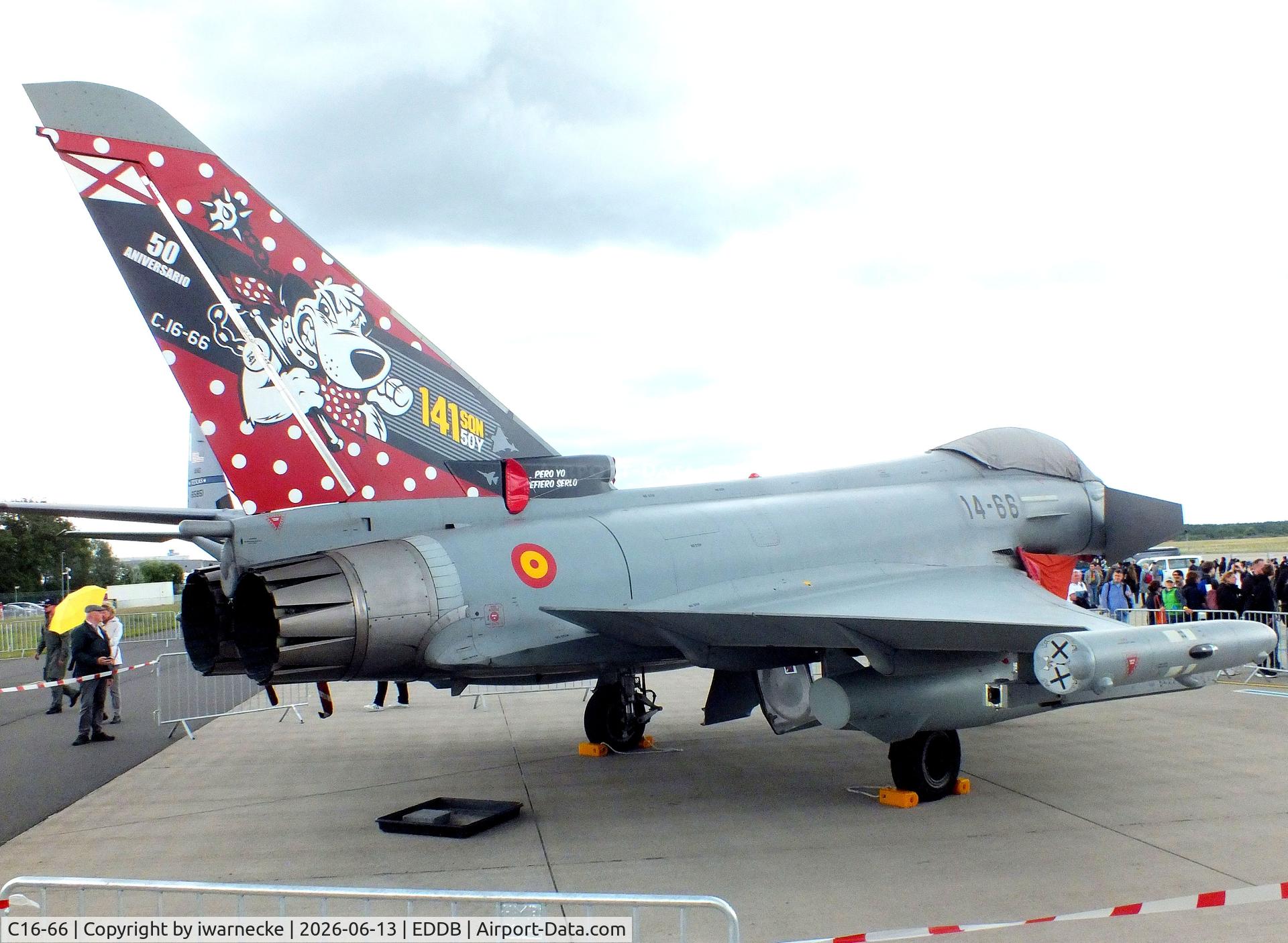 Aircraft C16-66, Eurofighter EF-2000 Typhoon, c/n SS047, Eurofighter EF2000 S of the Ejercito del Aire (Spanish Air Force) in special '50 years 141 squadron' colours at ILA 2026,Berlin, at EDDB, photo by iwarnecke