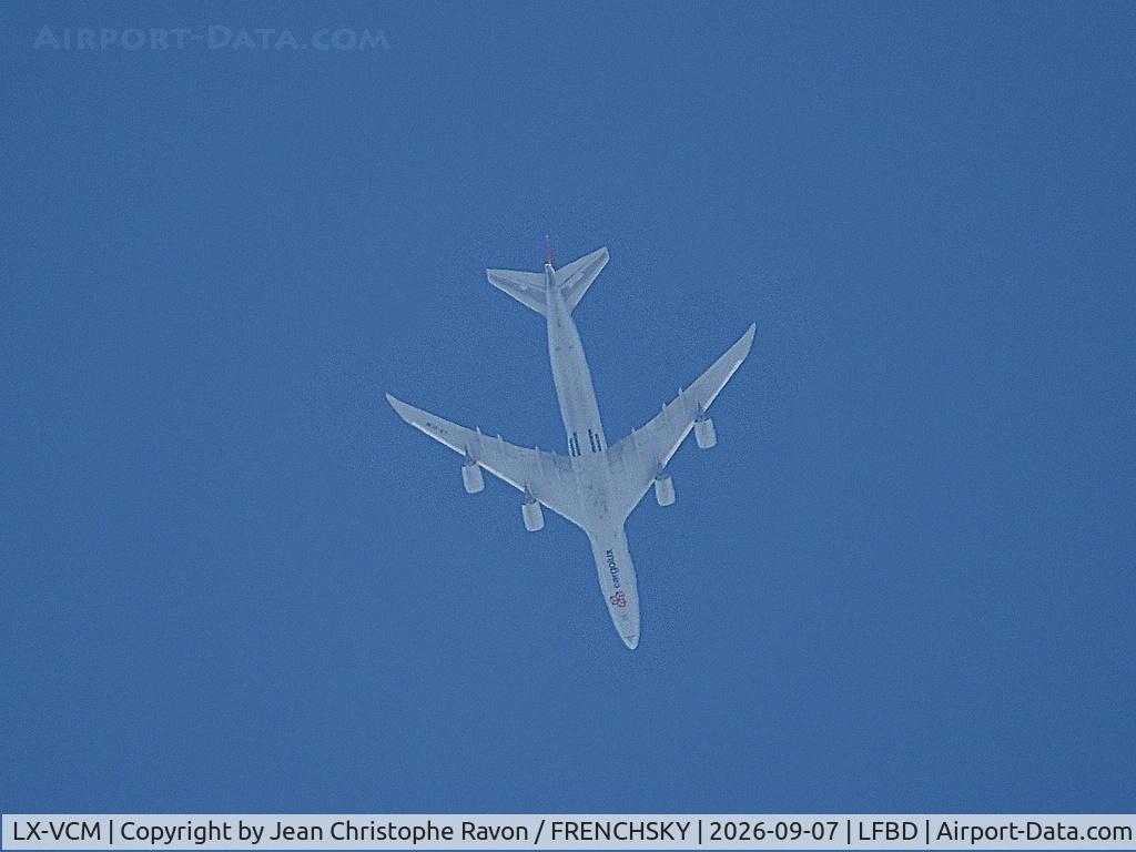 Aircraft LX-VCM, 2015 Boeing 747-8F, c/n 61169, Cargolux Campinas (VCP) Luxembourg (LUX) CV6821 flight level 360, at LFBD, photo by Jean Christophe Ravon / FRENCHSKY