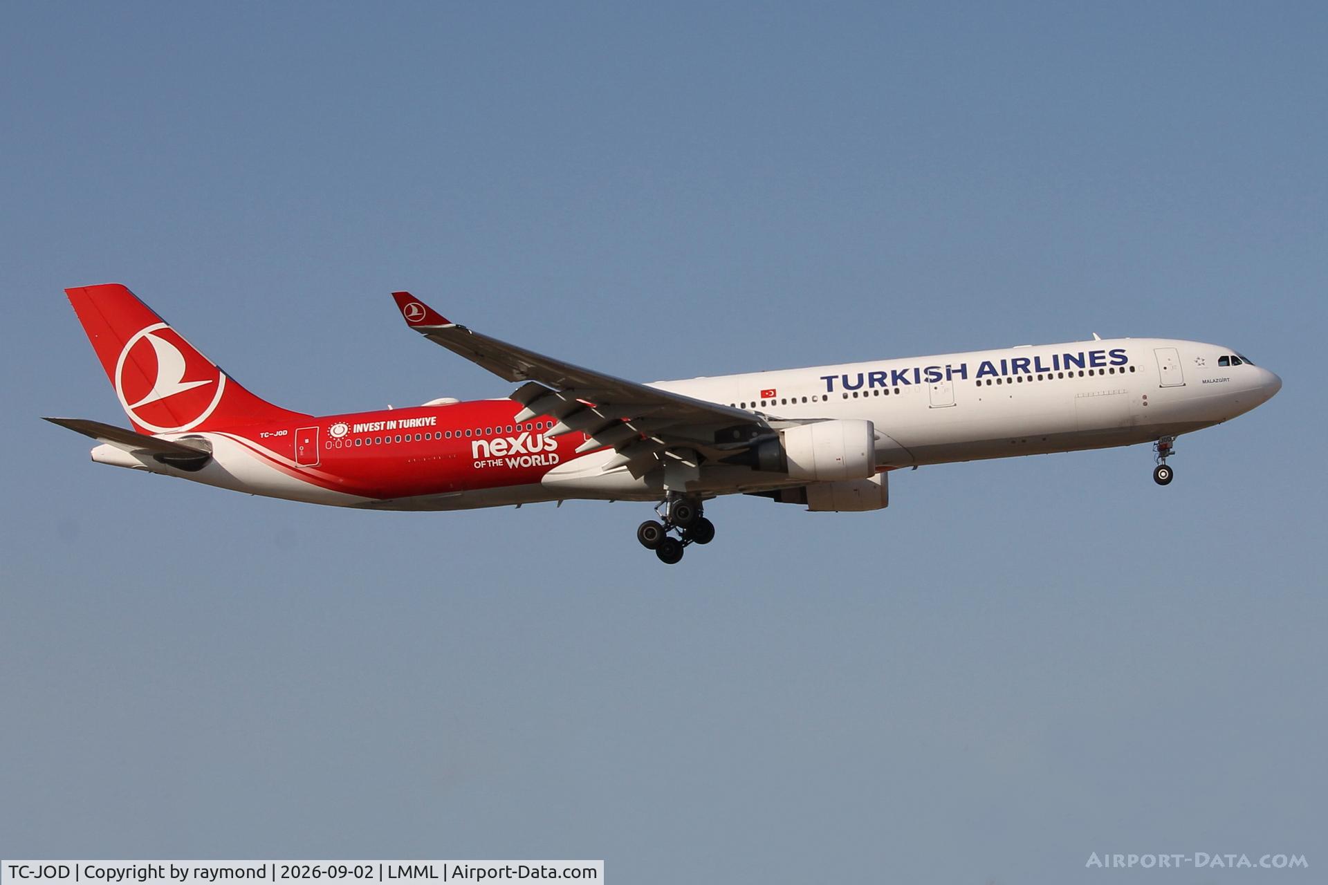 Aircraft TC-JOD, 2014 Airbus A330-303, c/n 1529, Airbus A330-303 reg TC-JOD of Turkish Airlines in special Nexus livery on final approach for RW31 landing in Malta., at LMML, photo by raymond