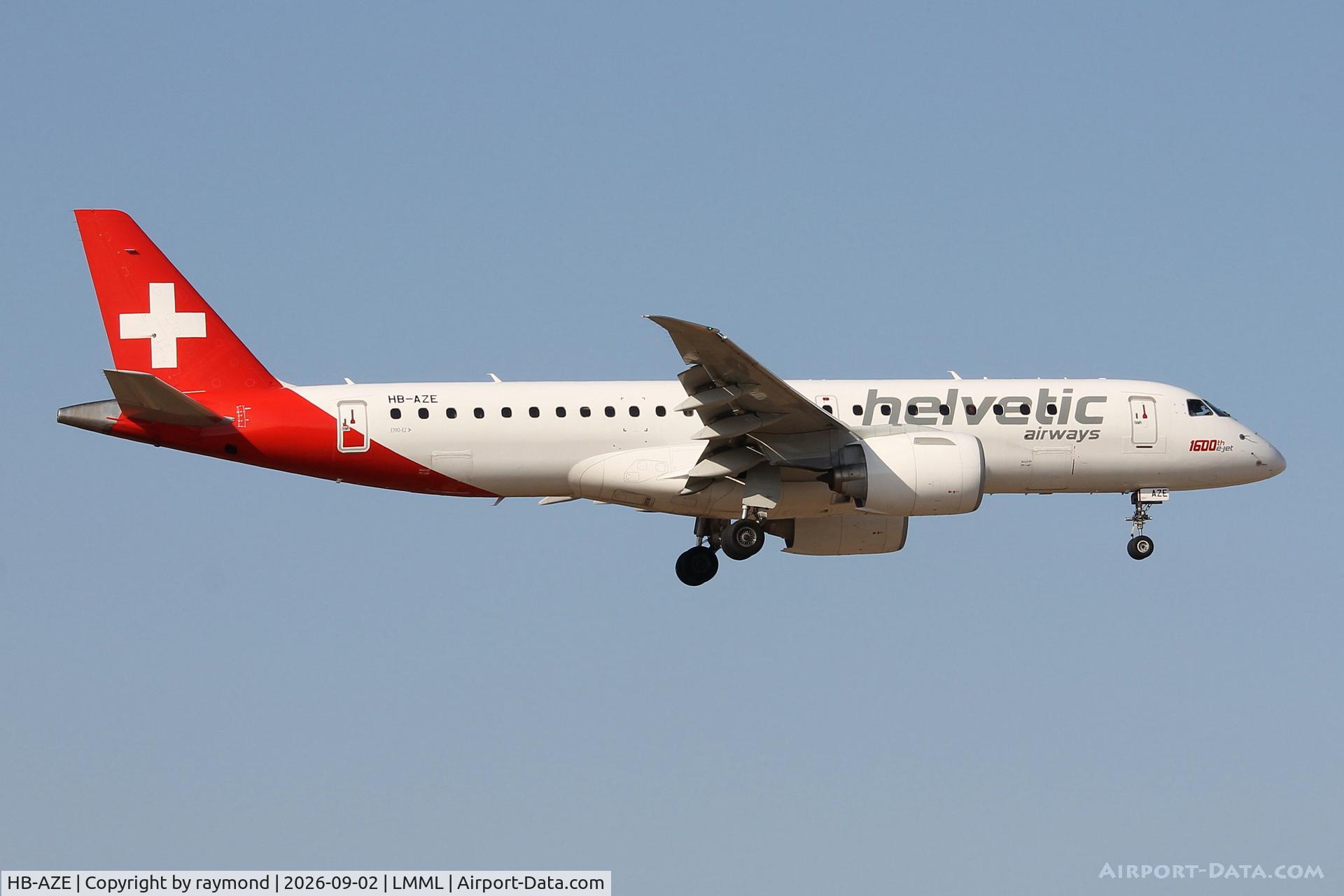 Aircraft HB-AZE, 2020 Embraer 190-E2 (ERJ-190-300), c/n 19020038, Embraer 190-E2 reg HB-AZE of Helvetic landing in Malta RW31., at LMML, photo by raymond