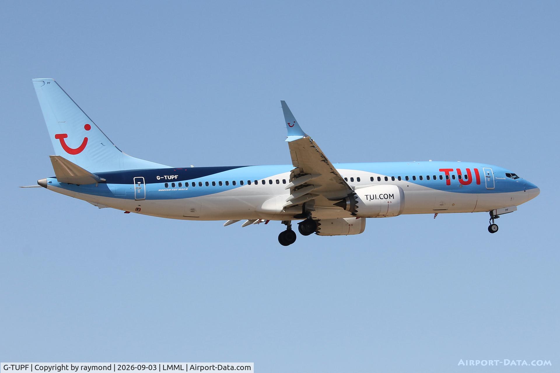 Aircraft G-TUPF, Boeing 737-8 MAX, c/n 44671, Boeing 737-8 MAX reg G-TUPF of TUI Fly on final approach for RW13 Malta., at LMML, photo by raymond