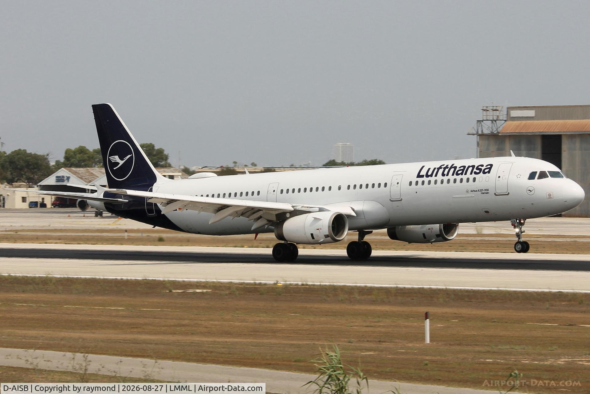 Aircraft D-AISB, 1999 Airbus A321-231, c/n 1080, Lufthansa Airbus A321-231 reg D-AISB touching down on RW13 Malta., at LMML, photo by raymond