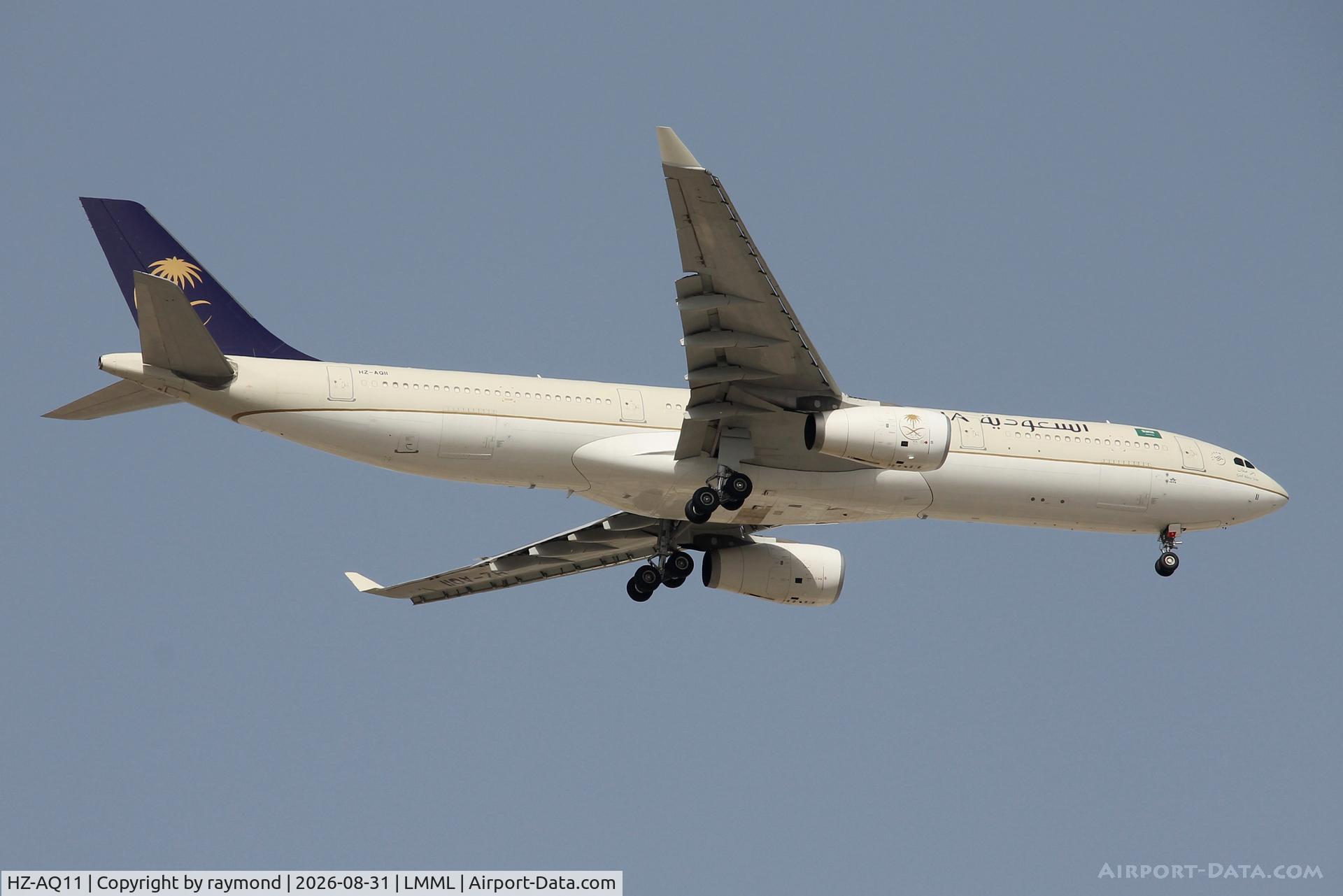 Aircraft HZ-AQ11, 2016 Airbus A330-343, c/n 1724, Airbus A330-343 reg HZ-AQ11 of Saudia Airlines approaching RW13 Malta., at LMML, photo by raymond