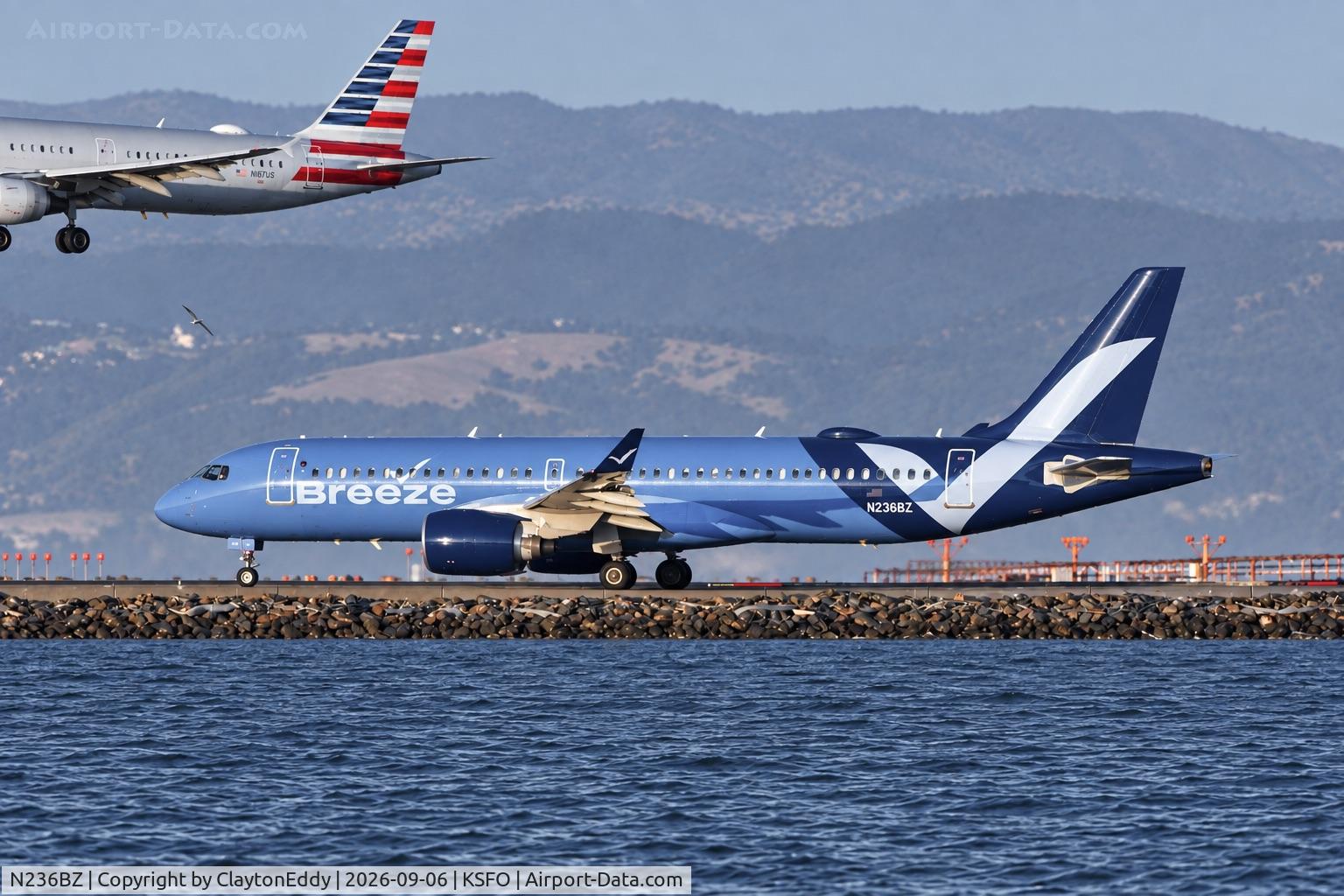 Aircraft N236BZ, 2024 Airbus A220-371, c/n 55284, SFO 2026, at KSFO, photo by ClaytonEddy