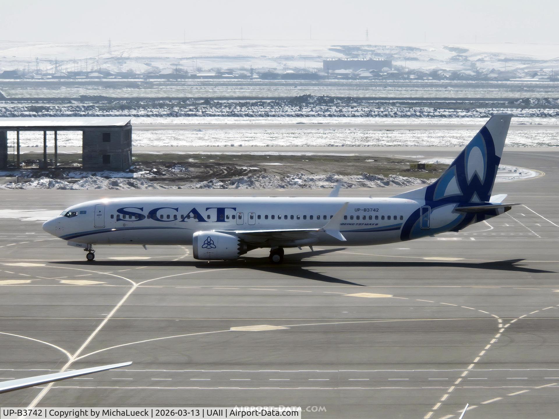 Aircraft UP-B3742, 2018 Boeing 737-8 MAX, c/n 44297, At Shymkent, at UAII, photo by MichaLueck