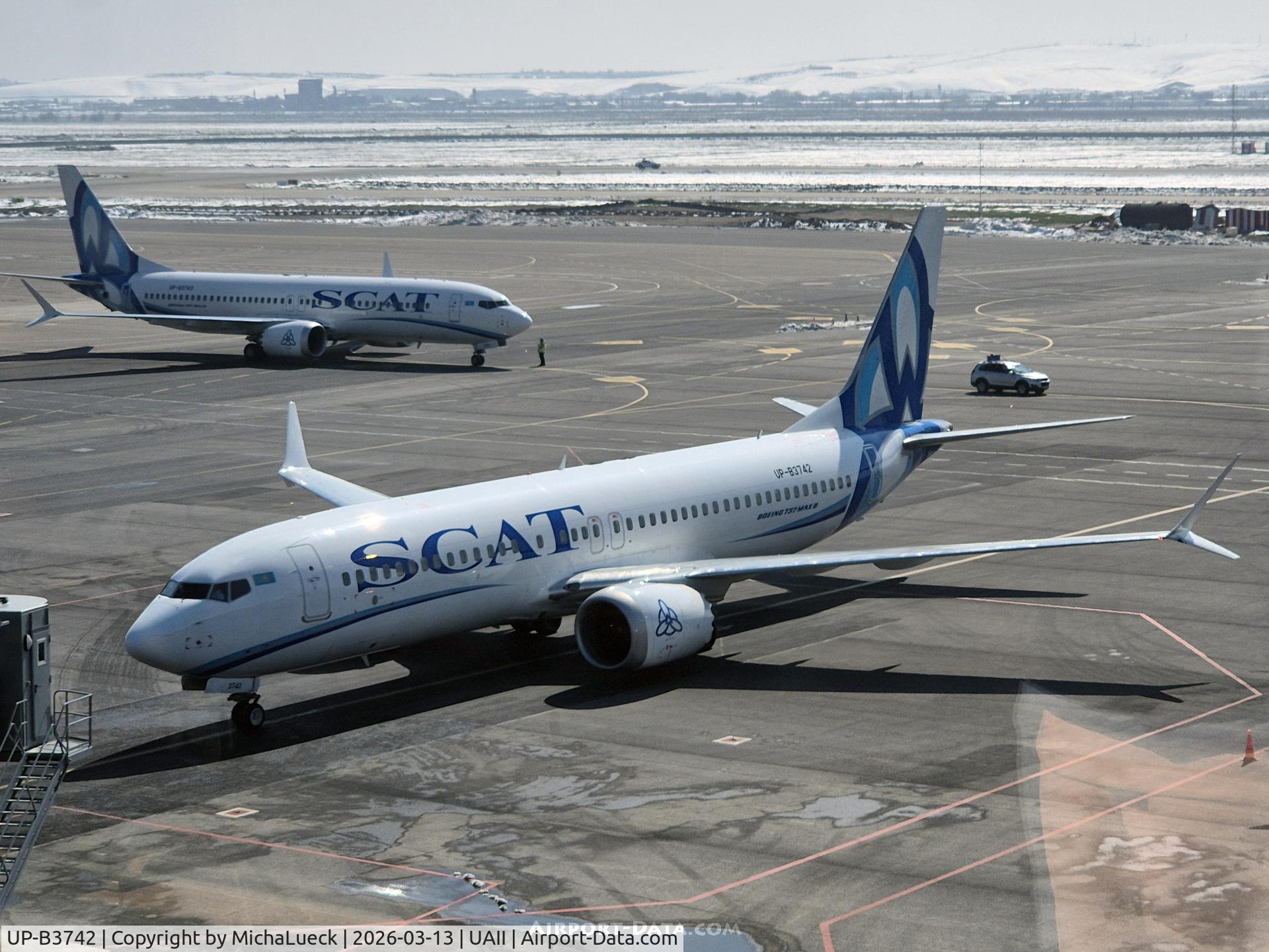 Aircraft UP-B3742, 2018 Boeing 737-8 MAX, c/n 44297, UP-B3743 in the back, at UAII, photo by MichaLueck
