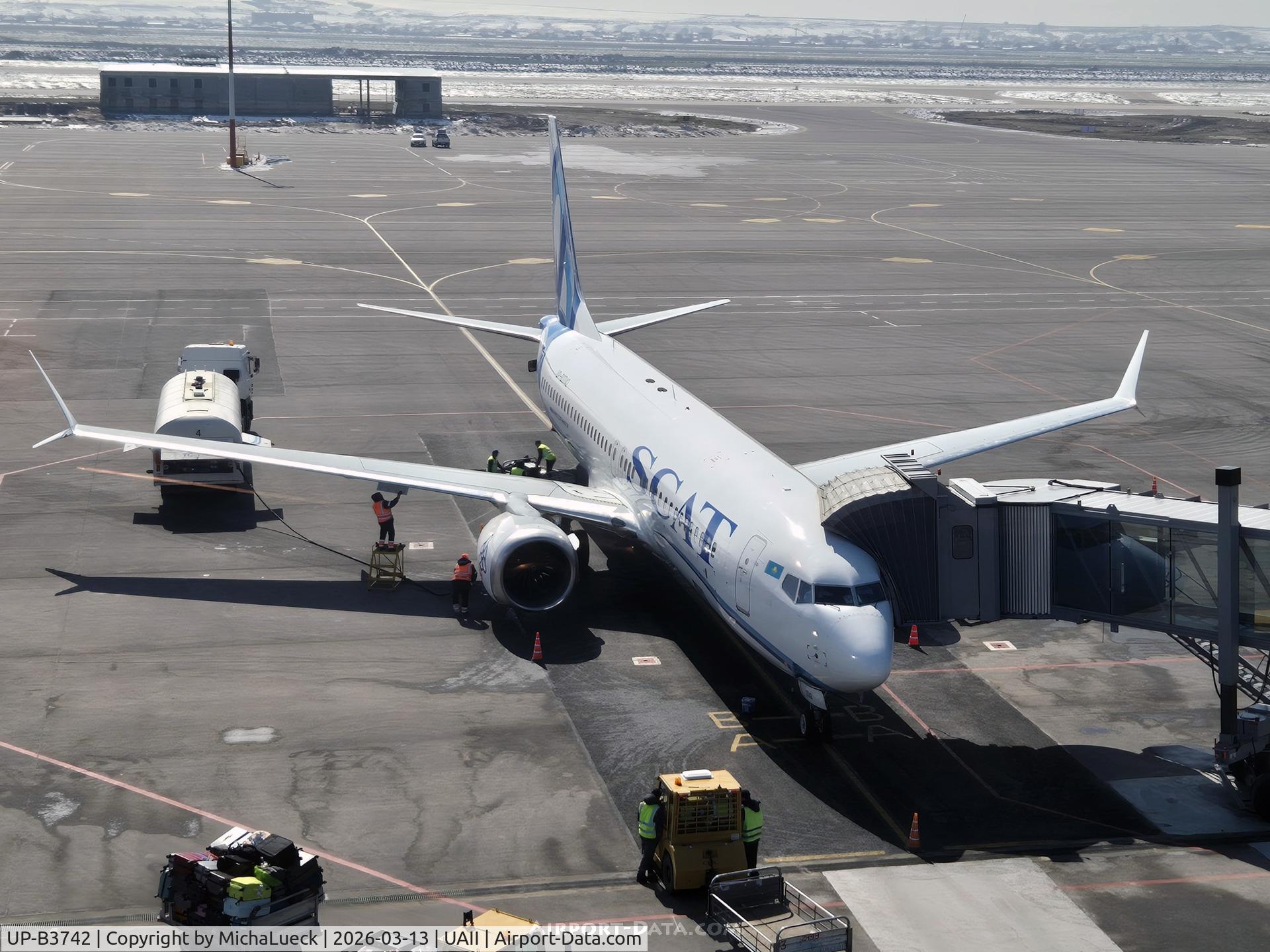 Aircraft UP-B3742, 2018 Boeing 737-8 MAX, c/n 44297, At Shymkent, at UAII, photo by MichaLueck