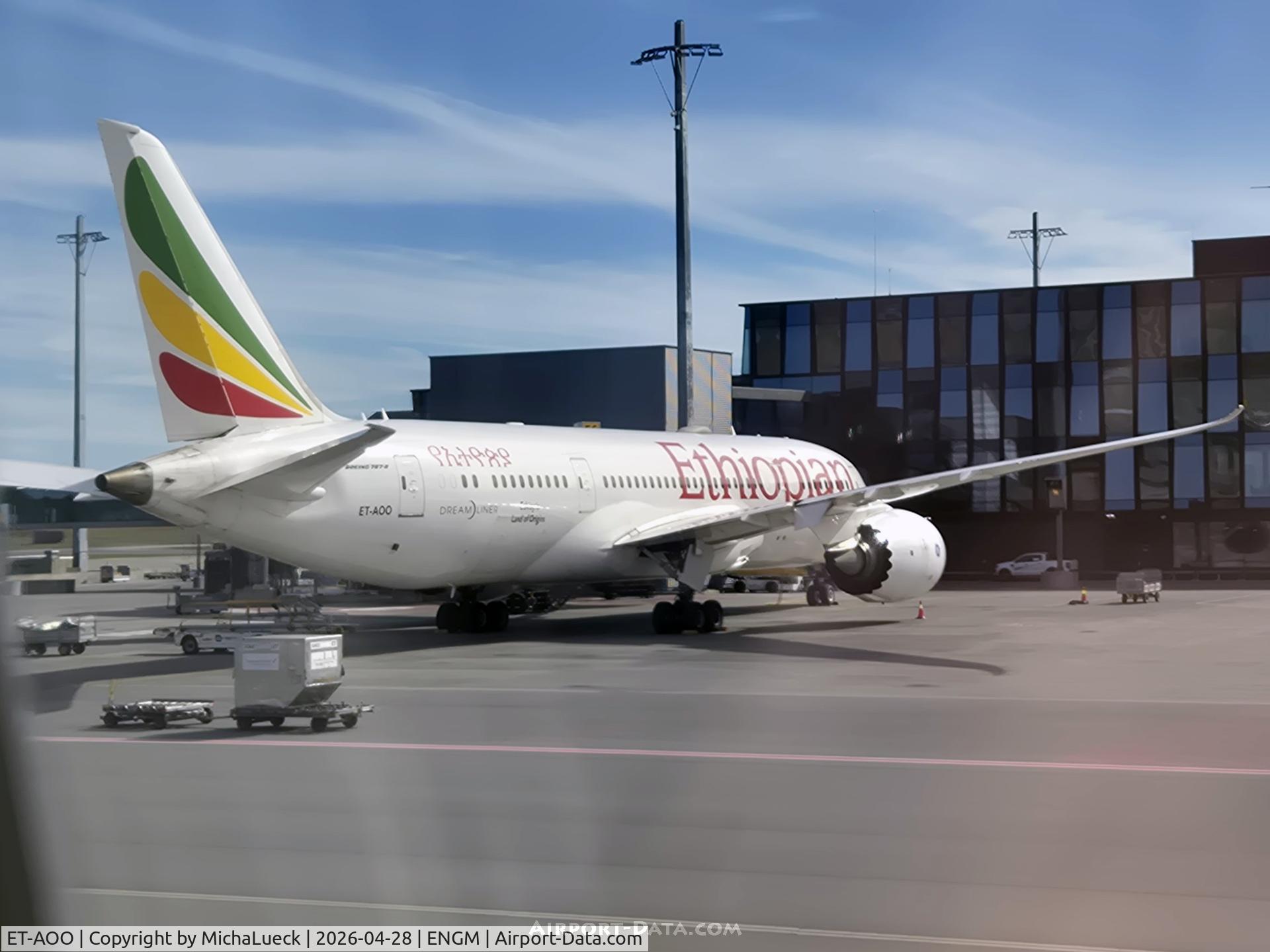 Aircraft ET-AOO, 2012 Boeing 787-8 Dreamliner, c/n 34743 l/n 39, At Oslo, at ENGM, photo by MichaLueck
