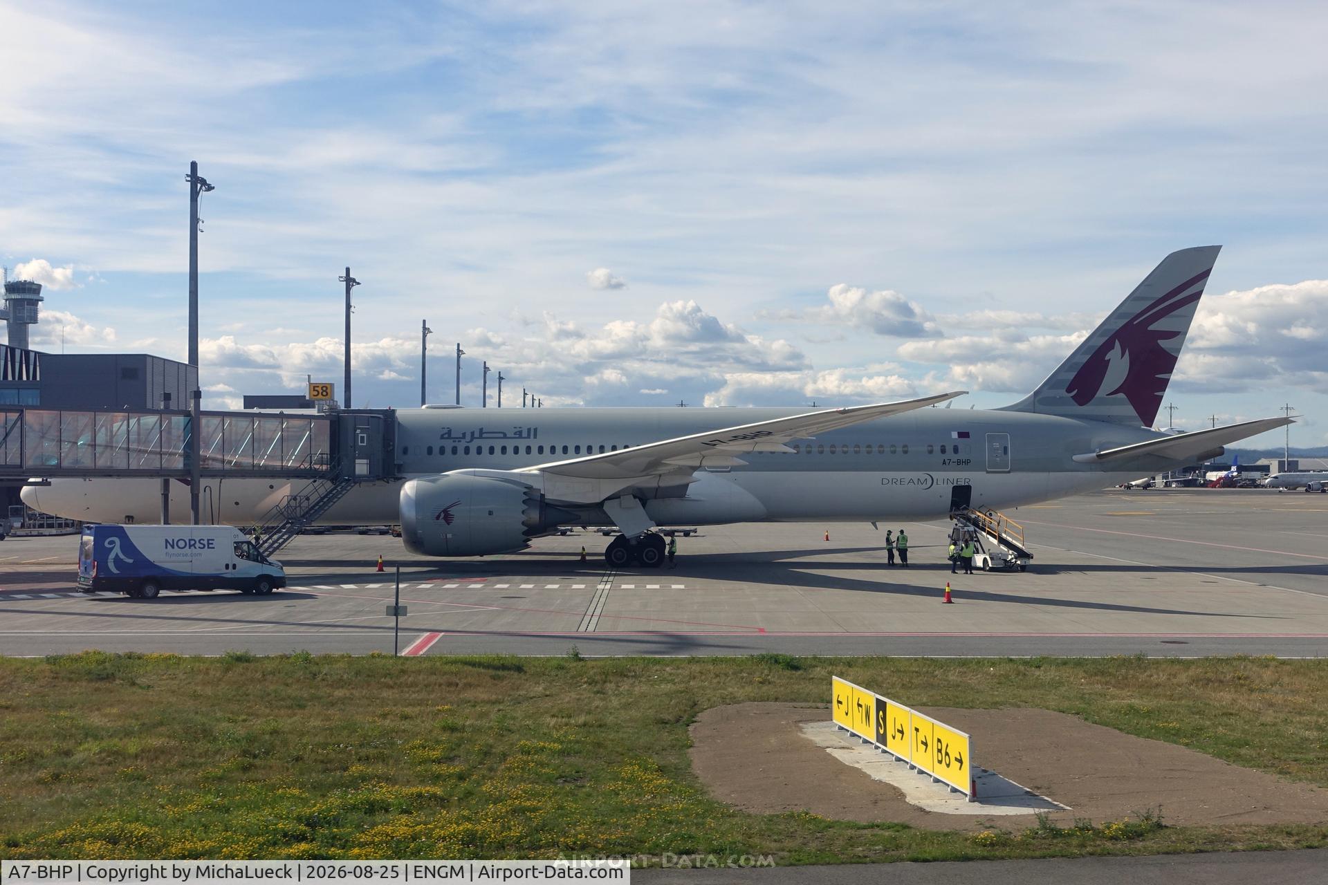 Aircraft A7-BHP, 2021 Boeing 787-9 Dreamliner Dreamliner, c/n 64224 l/n 1119, At Gardermoen, at ENGM, photo by MichaLueck