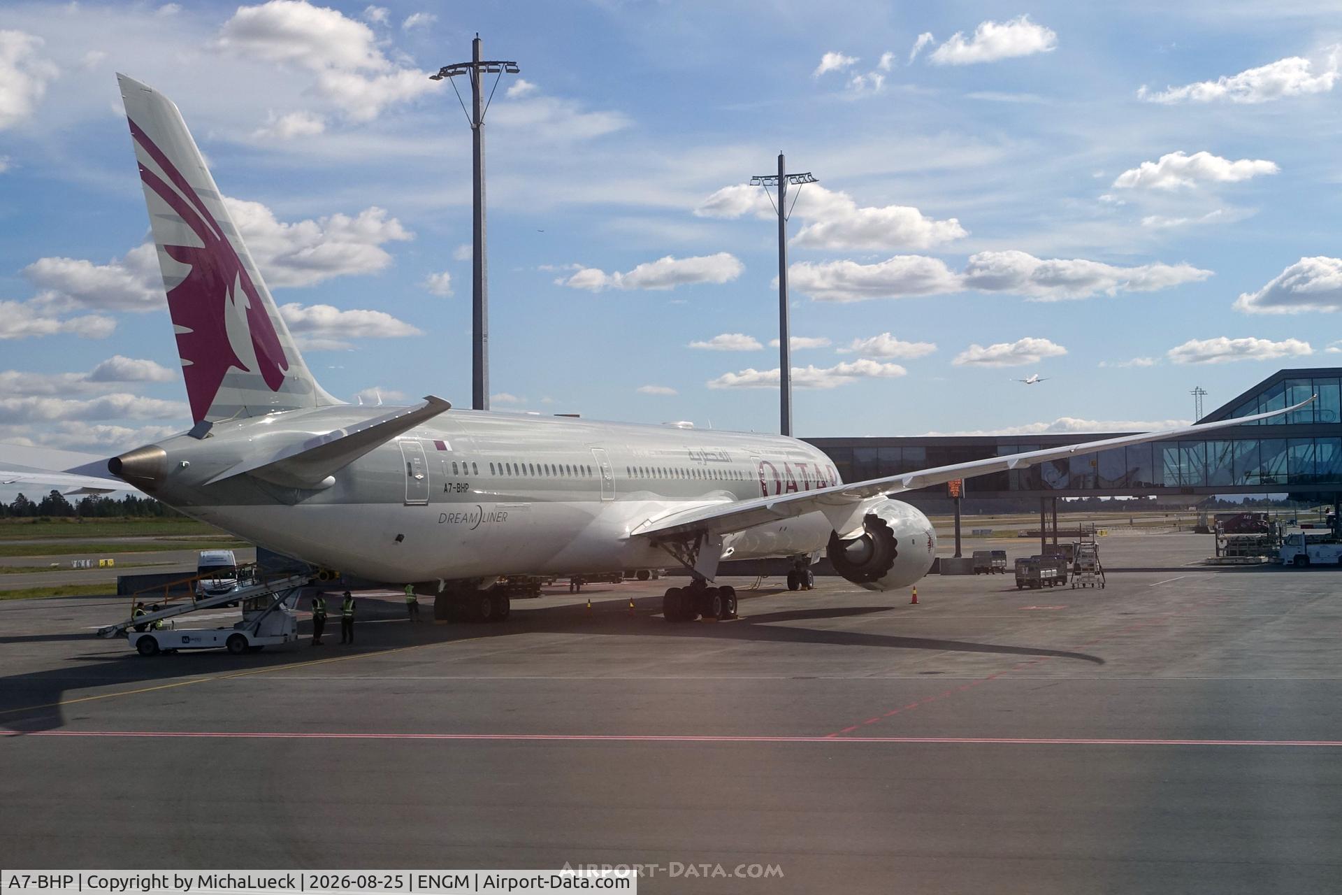 Aircraft A7-BHP, 2021 Boeing 787-9 Dreamliner Dreamliner, c/n 64224 l/n 1119, At Gardermoen, at ENGM, photo by MichaLueck