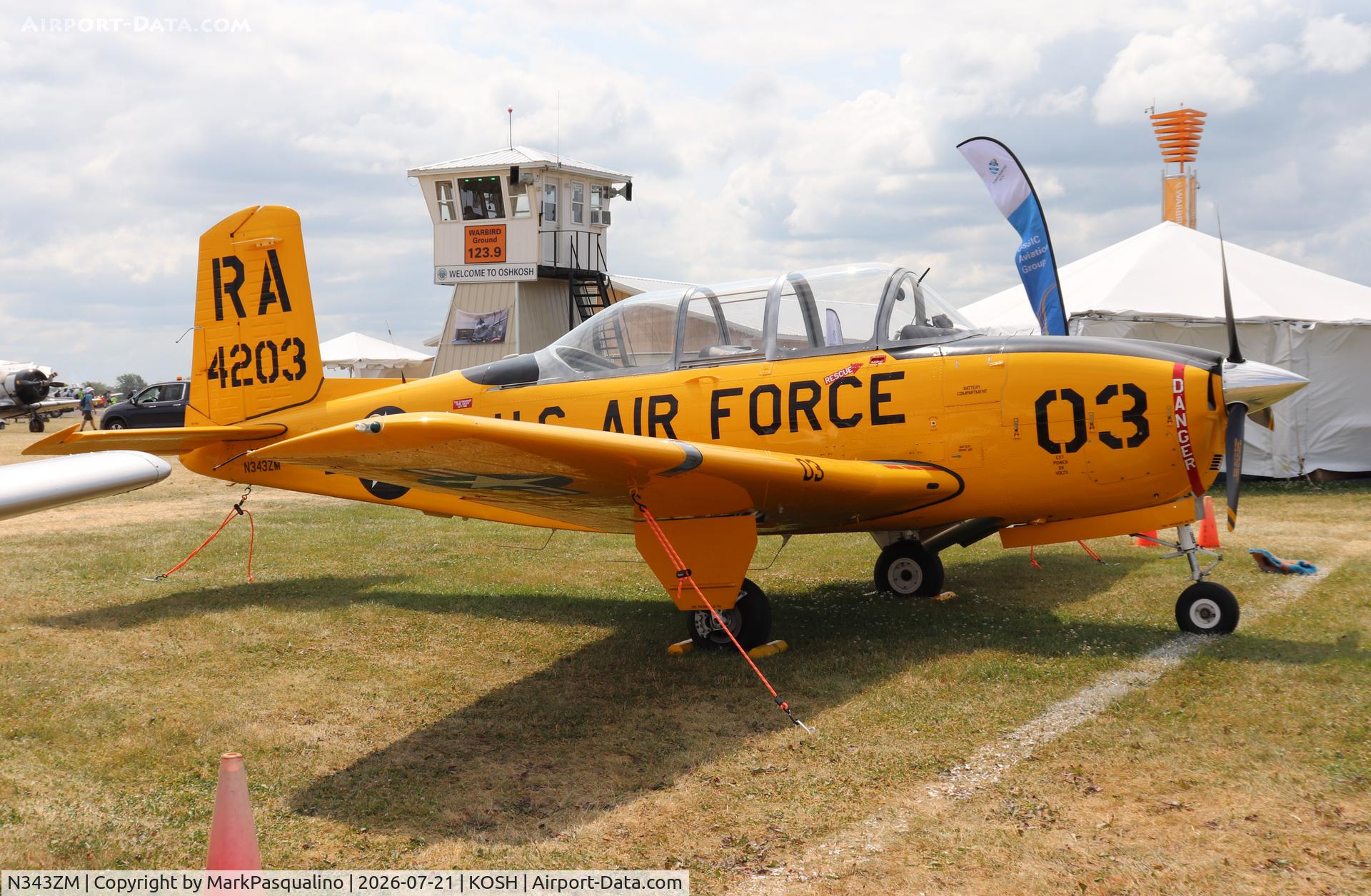 Aircraft N343ZM, 1955 Beech T-34A Mentor, c/n G-303, Beech T-34A, at KOSH, photo by MarkPasqualino