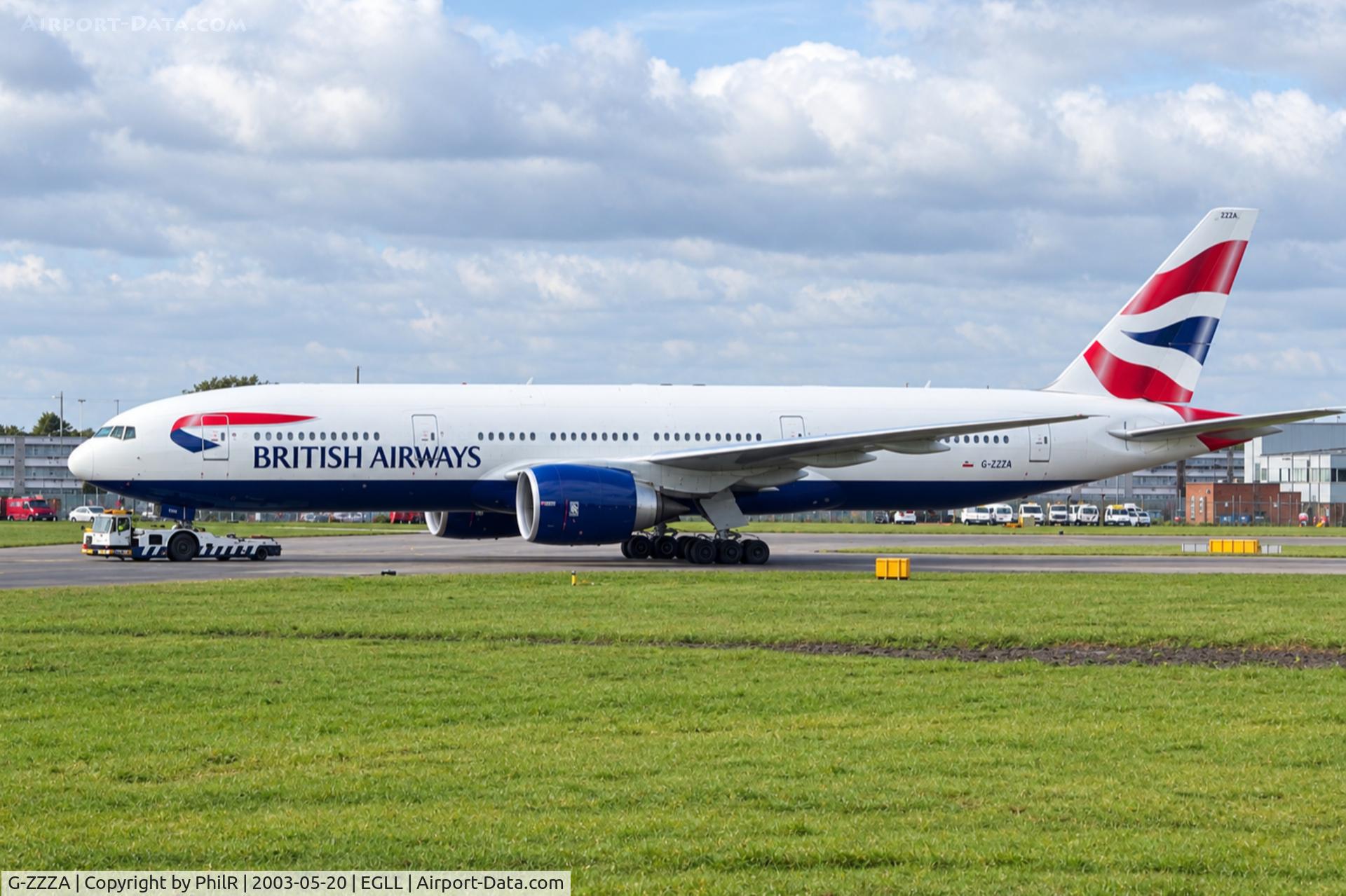 Aircraft G-ZZZA, 1995 Boeing 777-236, c/n 27105, G-ZZZA 1995 B777-200 BA LHR, at EGLL, photo by PhilR