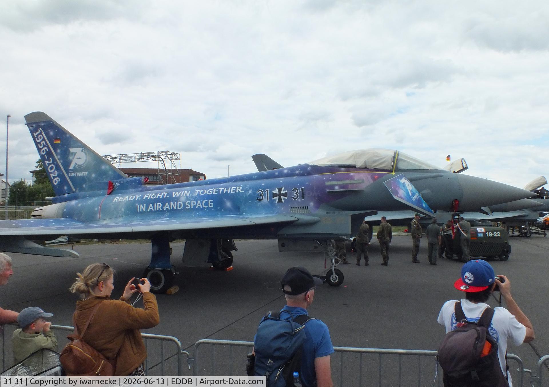 Aircraft 31 31, 2015 Eurofighter EF-2000 Typhoon S, c/n GS091, Eurofighter EF2000 of the Luftwaffe (German Air Force) in '70 Jahre Luftwaffe / 70 years of Luftwaffe' special colours at ILA 2026, Berlin, at EDDB, photo by iwarnecke