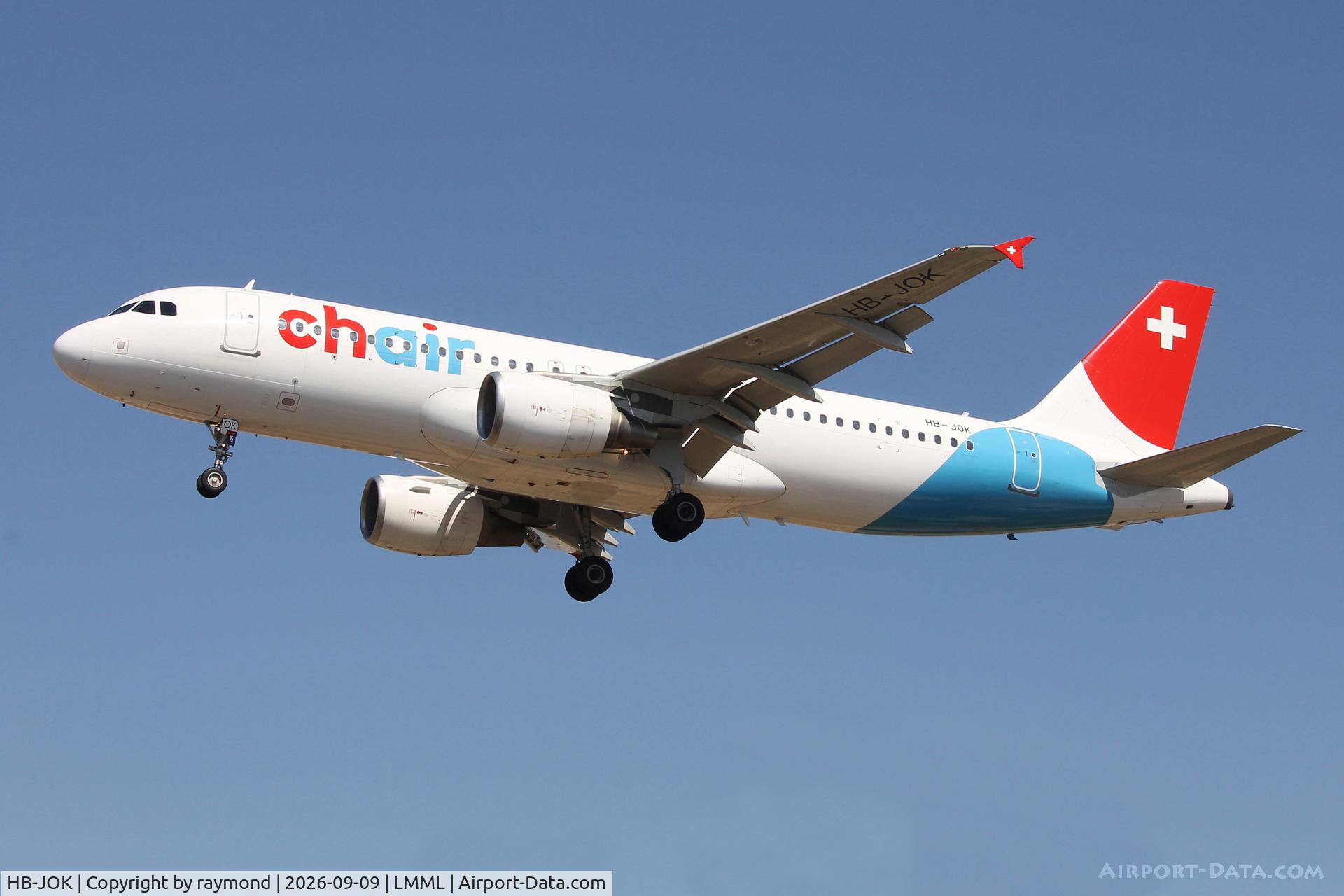 Aircraft HB-JOK, 2009 Airbus A320-214, c/n 3923, Chair Airlines Airbus A320-214 reg HB-JOK on final approach for RW23 landing in Malta from Bern., at LMML, photo by raymond