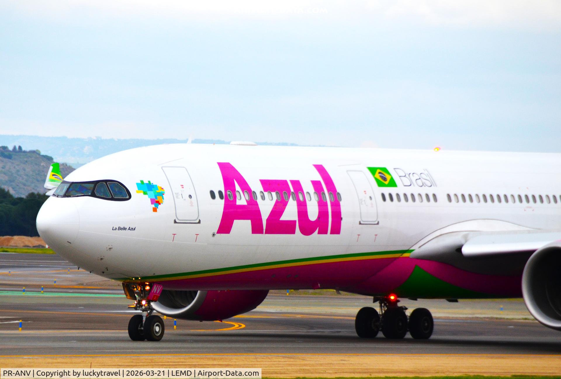 Aircraft PR-ANV, 2020 Airbus A330-941N, c/n 1952, Azul (Outubro Rosa Livery) taxiing at Madrid (LEMD) to takeoff RWY36L, at LEMD, photo by luckytravel