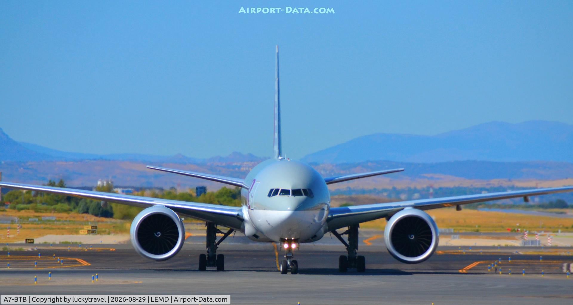 Aircraft A7-BTB, 2024 Boeing 777-200LRF, c/n 68064 l/n 1763, Frontal shot from a Qatar Cargo B777 taxiing at Madrid (LEMD) to Cargo Terminal after Landing, at LEMD, photo by luckytravel