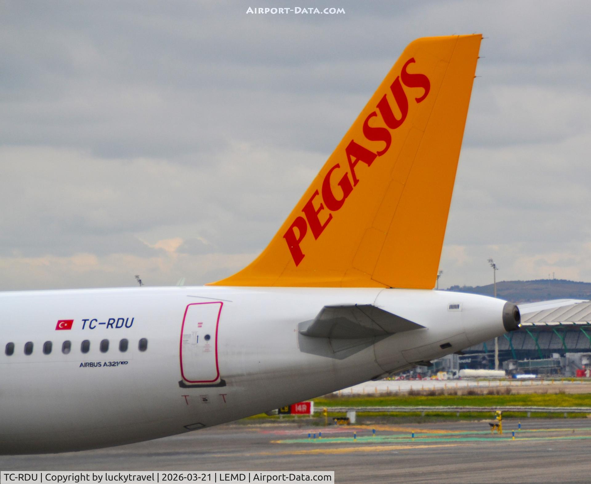 Aircraft TC-RDU, 2023 Airbus A321-251 NX, c/n 11468, FlyPegasus A321neo tail taxiing at Madrid (LEMD) to takeoff RWY36R, at LEMD, photo by luckytravel