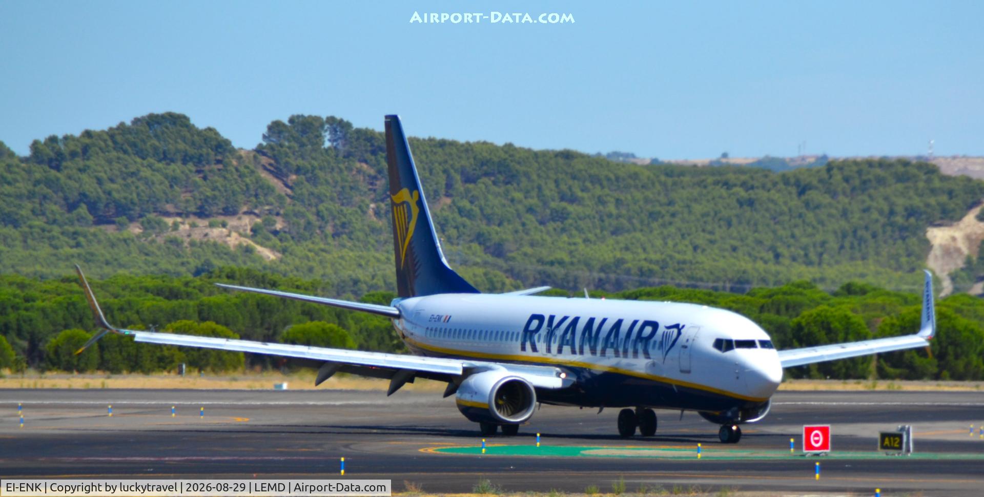 Aircraft EI-ENK, 2010 Boeing 737-8AS, c/n 40303 l/n 3524, Ryanair B737-800 (Split Scimitar Winglets) taxiing at Madrid (LEMD) to Terminal 2 after Landing, at LEMD, photo by luckytravel