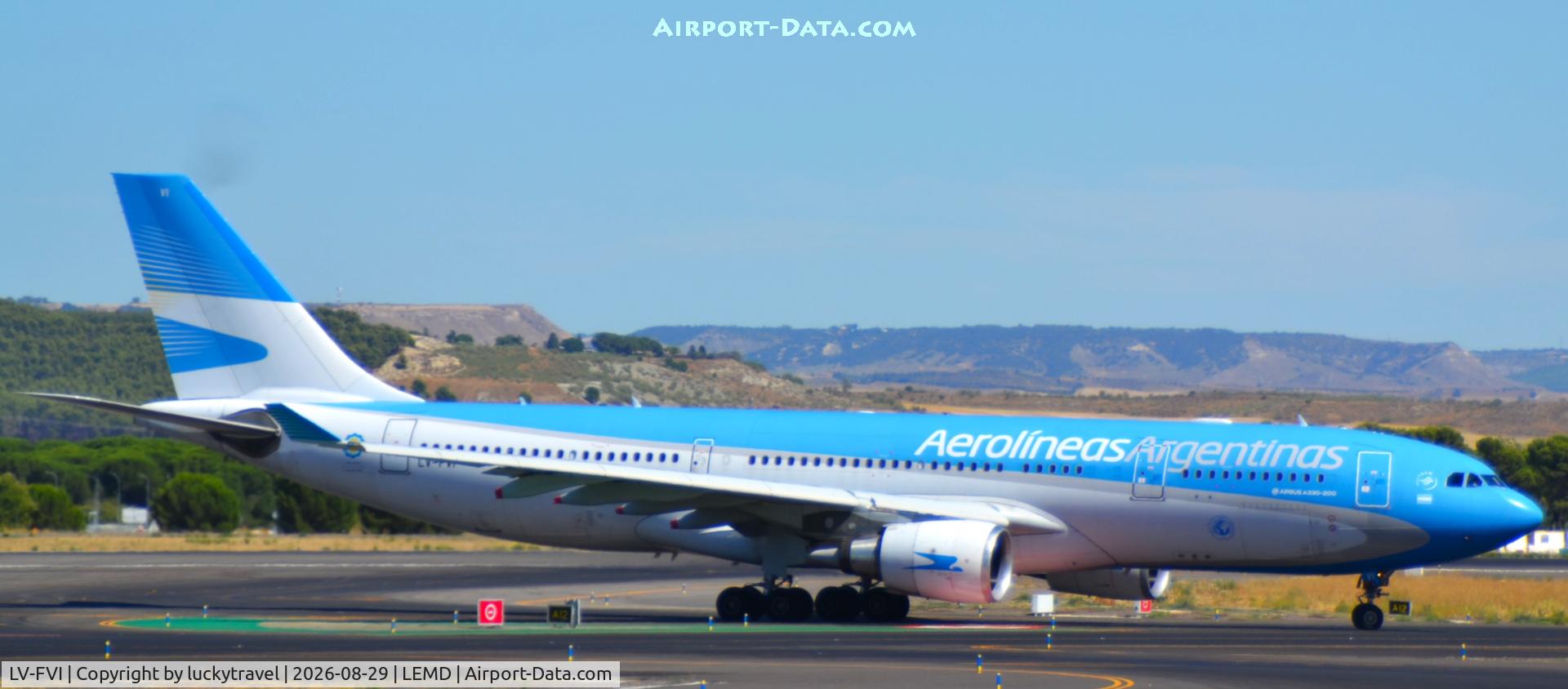 Aircraft LV-FVI, 2015 Airbus A330-202, c/n 1623, Aerolineas Argentinas A330-200 taxiing at Madrid (LEMD) to Terminal 1 after Landing, at LEMD, photo by luckytravel