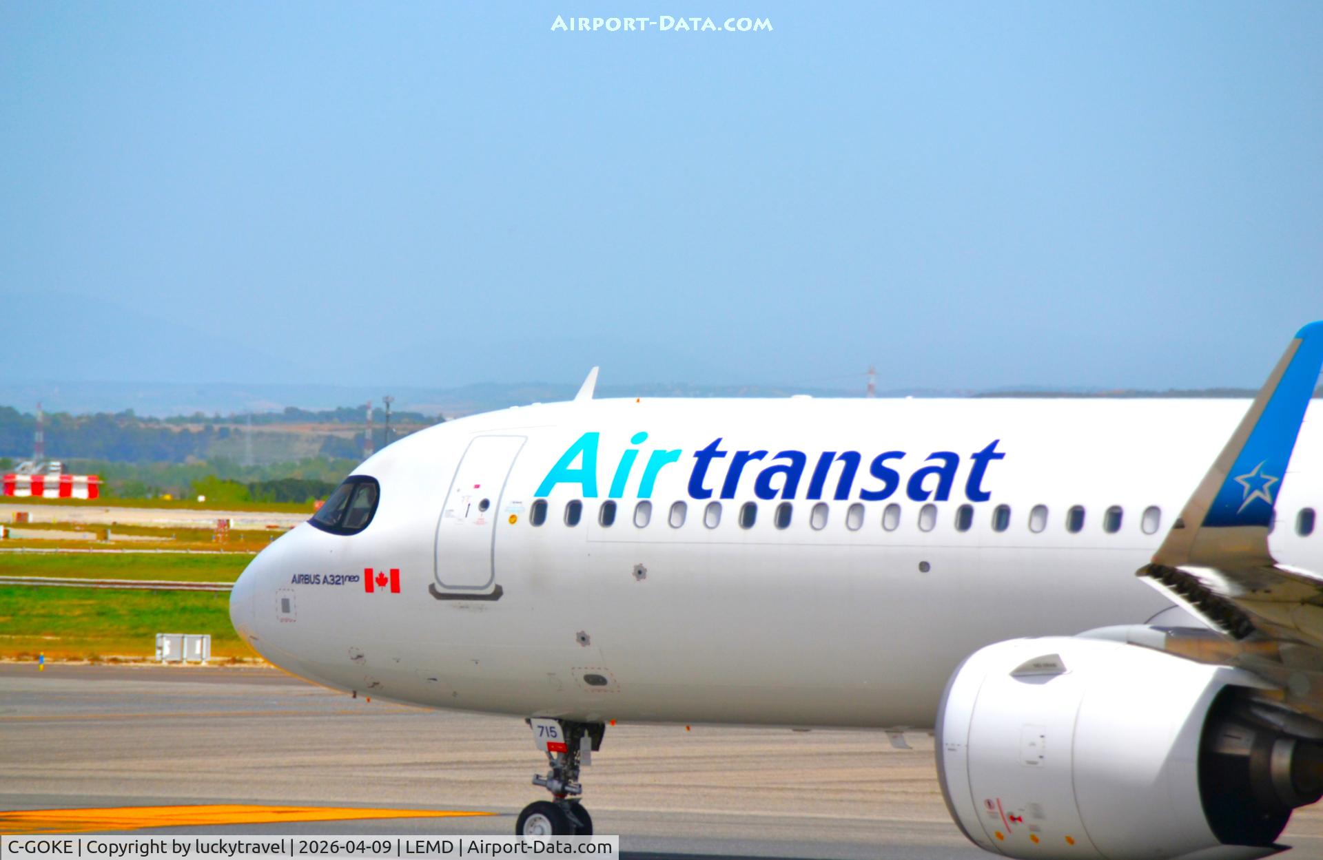 Aircraft C-GOKE, 2024 Airbus A321-271NX, c/n 11802, AirTransat A321neo frontal view taxiing at Madrid (LEMD) to takeoff RWY36L, at LEMD, photo by luckytravel