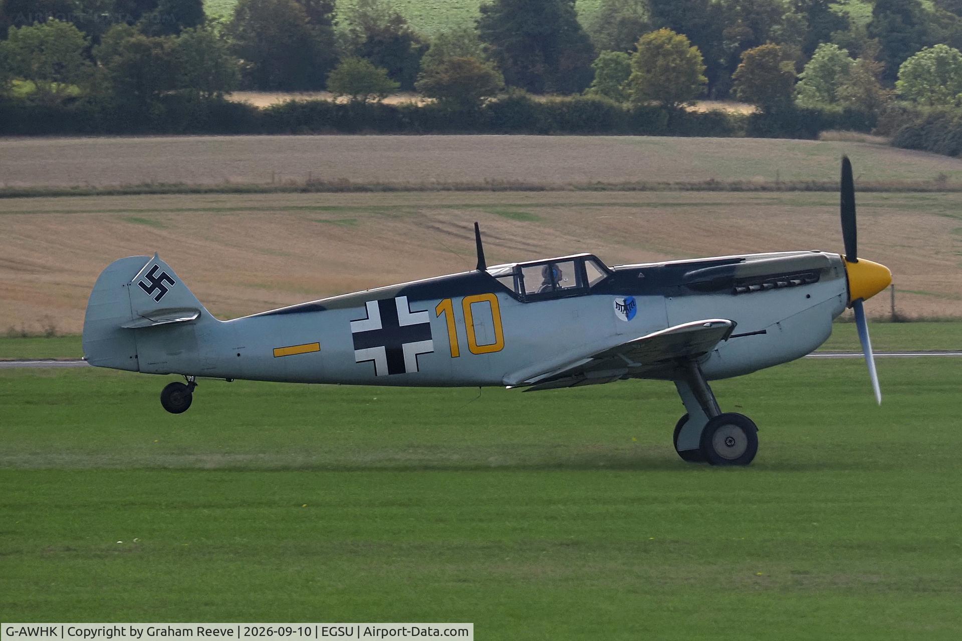 Aircraft G-AWHK, 1949 Hispano HA-1112-M1L Buchon, c/n 172, Departing from Duxford., at EGSU, photo by Graham Reeve