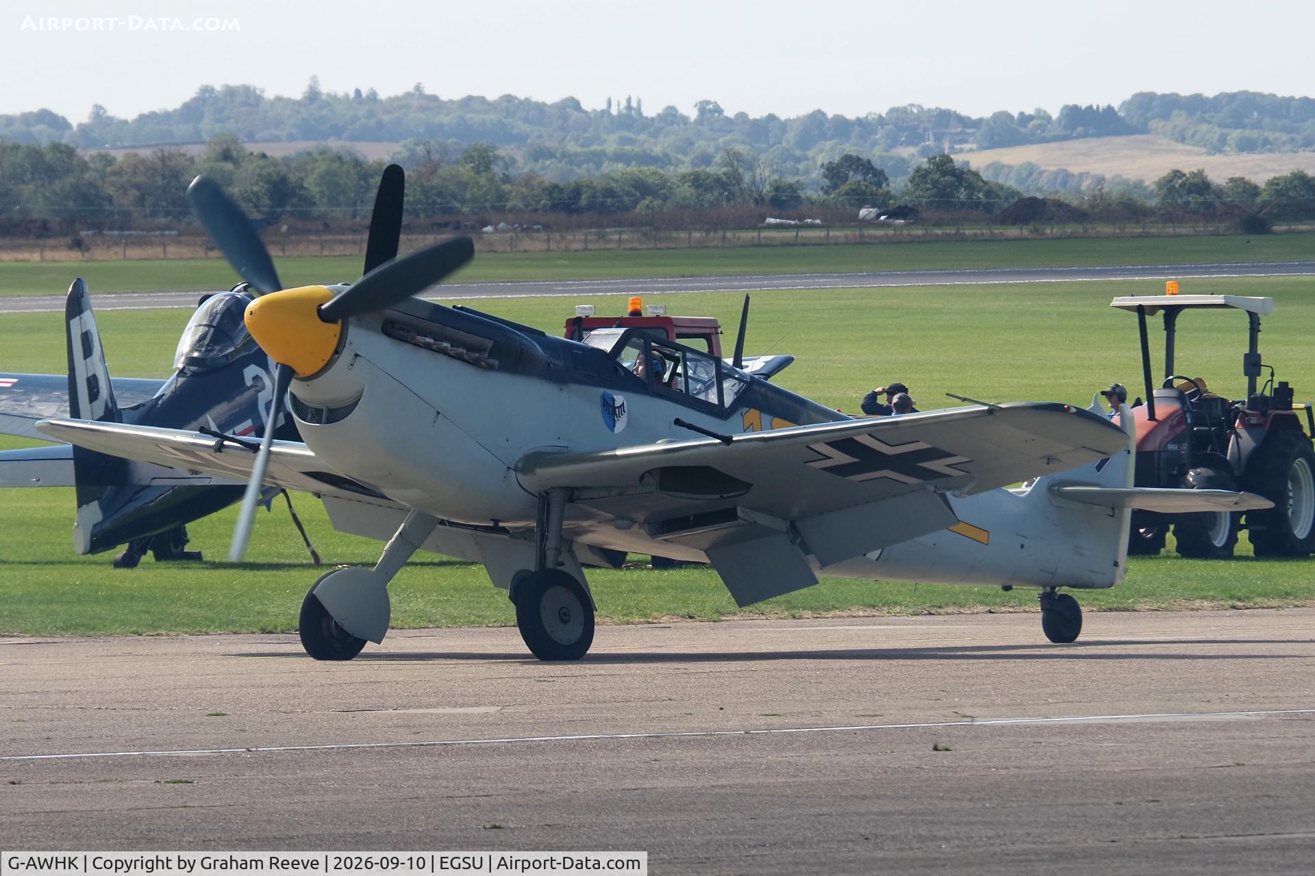 Aircraft G-AWHK, 1949 Hispano HA-1112-M1L Buchon, c/n 172, Just landed at Duxford., at EGSU, photo by Graham Reeve