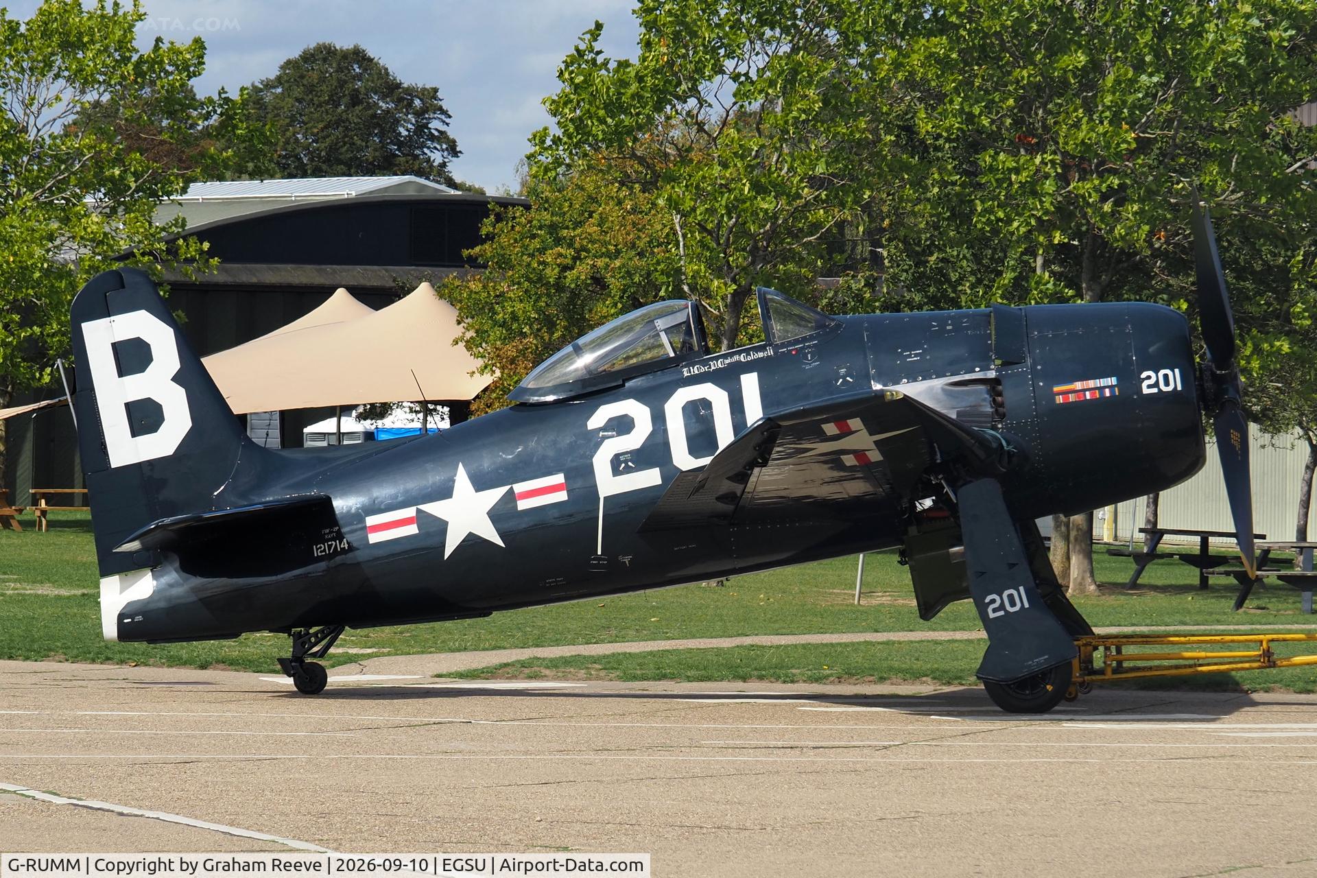 Aircraft G-RUMM, 1948 Grumman F8F-2 (G58) Bearcat, c/n D.1088, Under tow at Duxford., at EGSU, photo by Graham Reeve