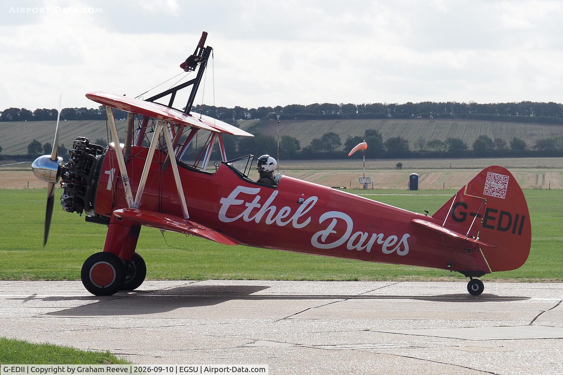 Aircraft G-EDII, 1942 Boeing Stearman E75, c/n 75-5498, Departing from Duxford., at EGSU, photo by Graham Reeve