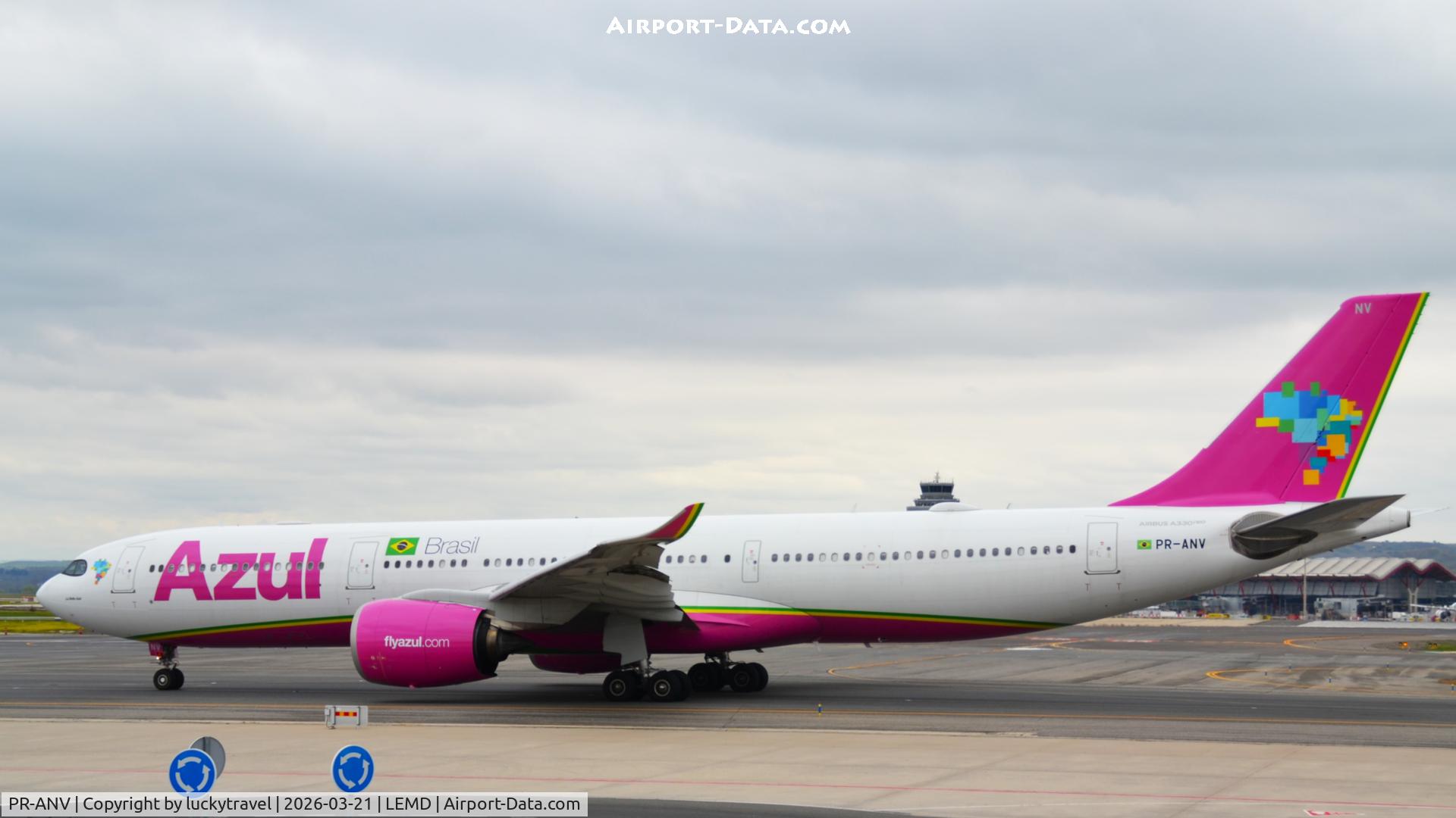 Aircraft PR-ANV, 2020 Airbus A330-941N, c/n 1952, Azul (La Belle Azul) A330-900neo taxiing at Madrid (LEMD) to tkeoff RWY36L, at LEMD, photo by luckytravel