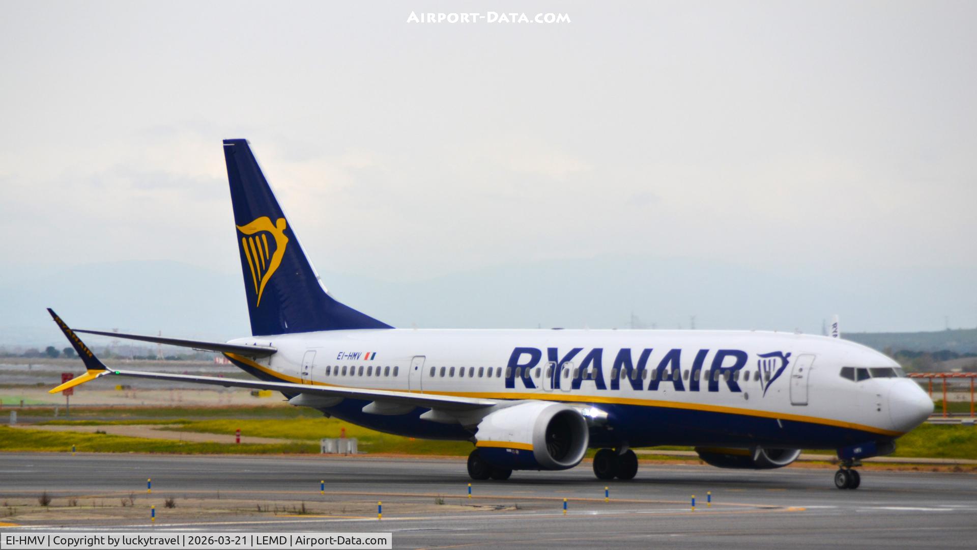 Aircraft EI-HMV, 2022 Boeing 737-8-200 MAX, c/n 658901 l/n 8228, Ryanair B737MAX8200 taxiing at Madrid (LEMD) to Terminal 2 after Landing, at LEMD, photo by luckytravel
