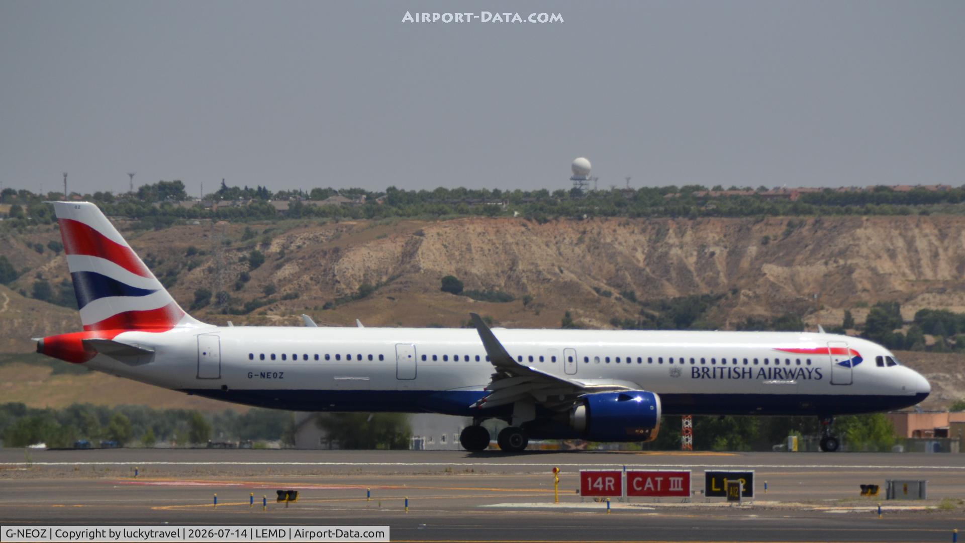 Aircraft G-NEOZ, 2020 Airbus A321-251NX, c/n 9123, Bristish Airways A321neo taking off RWY32L at Madrid (LEMD), at LEMD, photo by luckytravel
