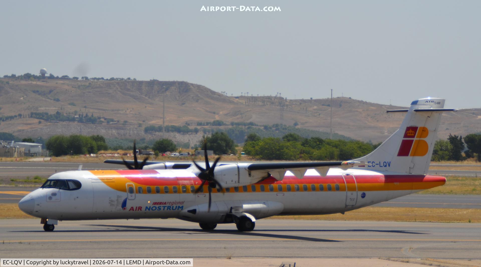 Aircraft EC-LQV, 2012 ATR 72-600, c/n 0995, Iberia Air Nostrum Regional ATR-600 taxiing at Madrid (LEMD) to takeoff RWY32L, at LEMD, photo by luckytravel