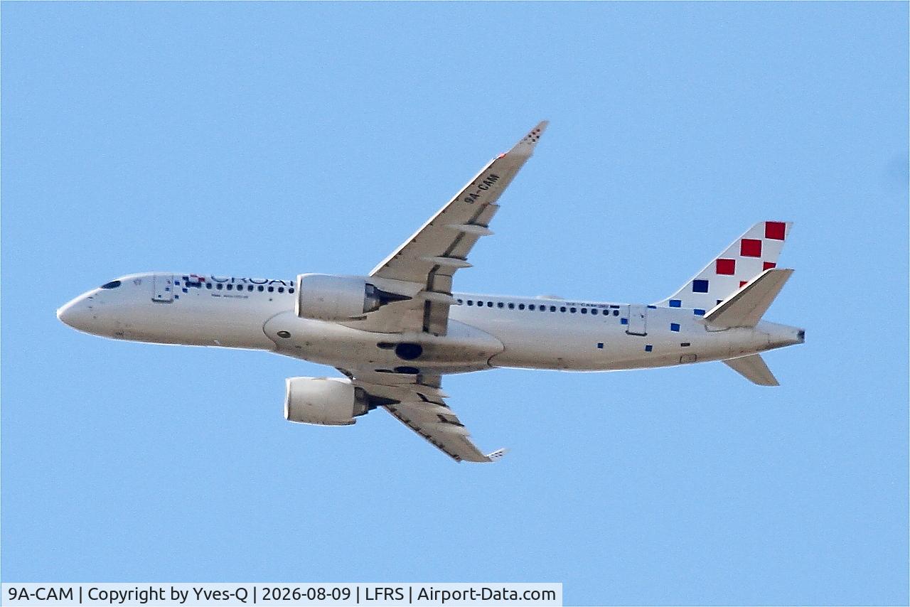 Aircraft 9A-CAM, 2025 Airbus A220-300, c/n 55357, Airbus A220-300, Climbing from rwy 03, Nantes-Atlantique airport (LFRS-NTE), at LFRS, photo by Yves-Q