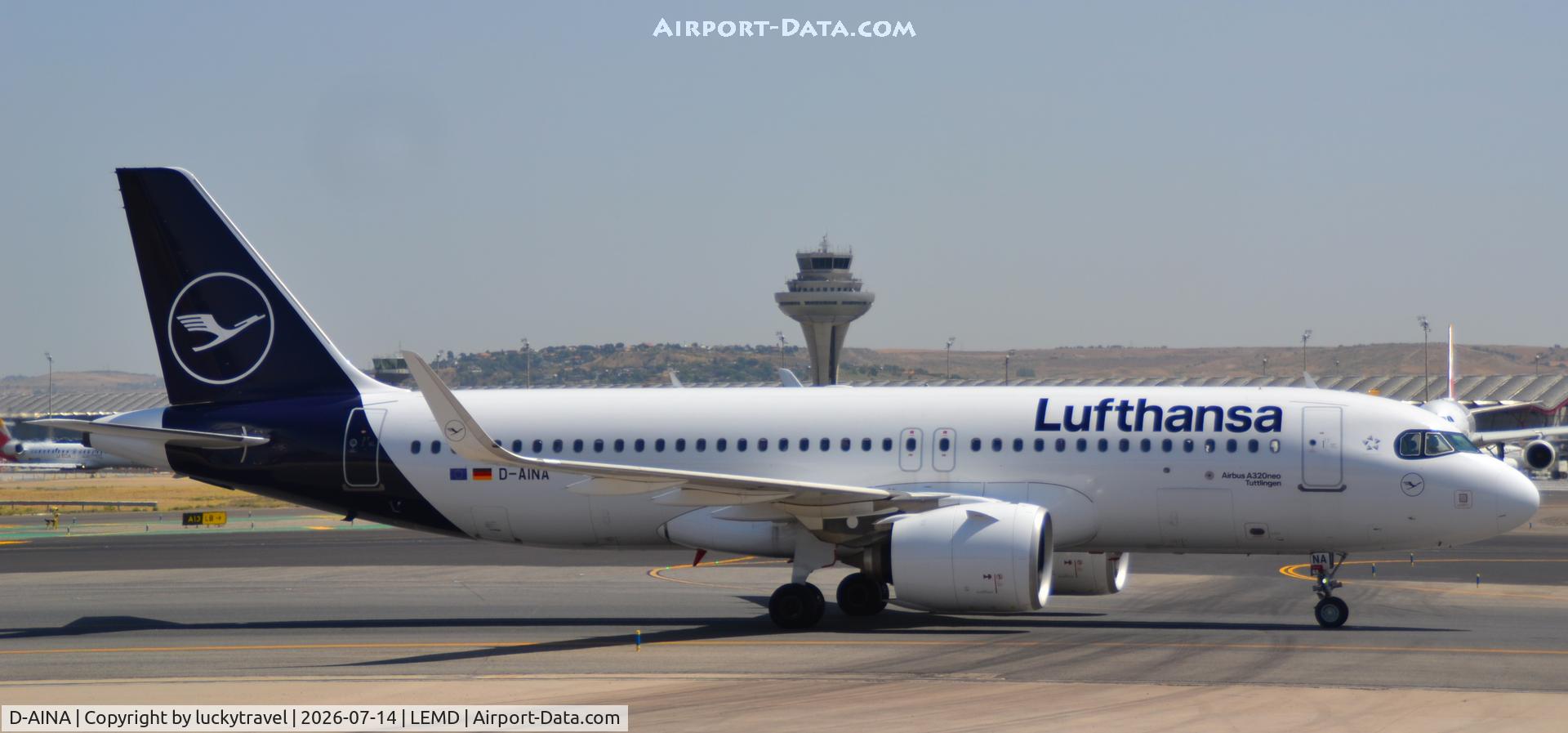 Aircraft D-AINA, 2015 Airbus A320-271N, c/n 6801, Lufthansa A320neo taxiing at Madrid (LEMD) to Terminal 2 after Landing, at LEMD, photo by luckytravel