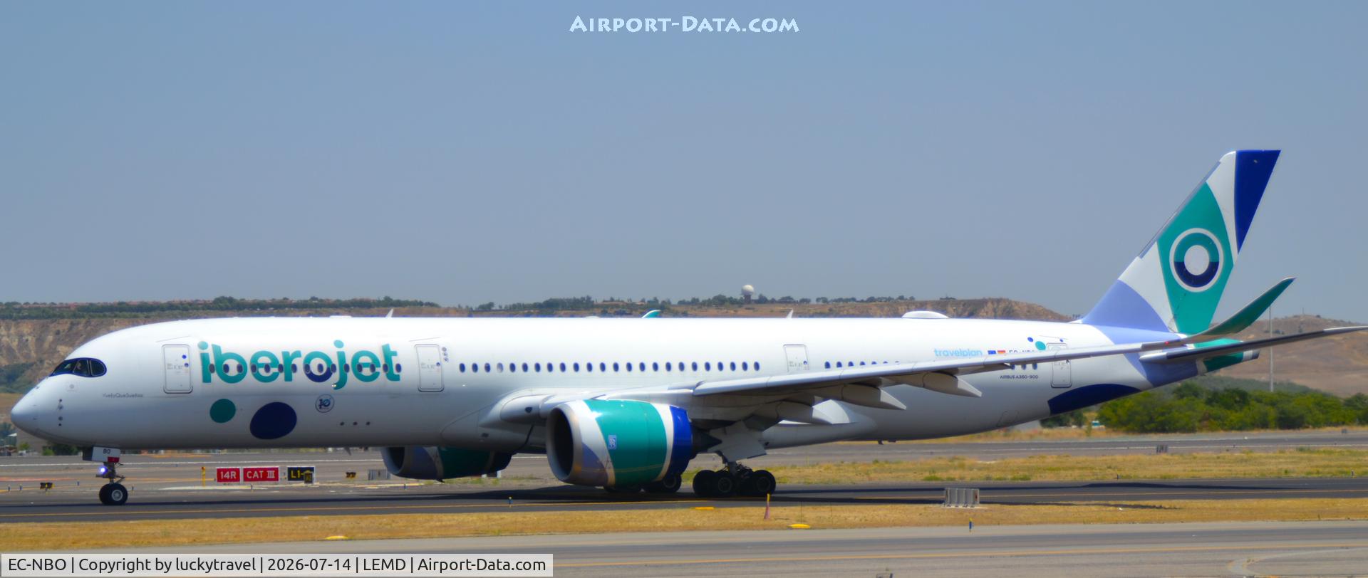 Aircraft EC-NBO, 2019 Airbus A350-941, c/n 293, Iberojet A350-900 taxiing at Madrid (LEMD) t takeoff RWY32L, at LEMD, photo by luckytravel