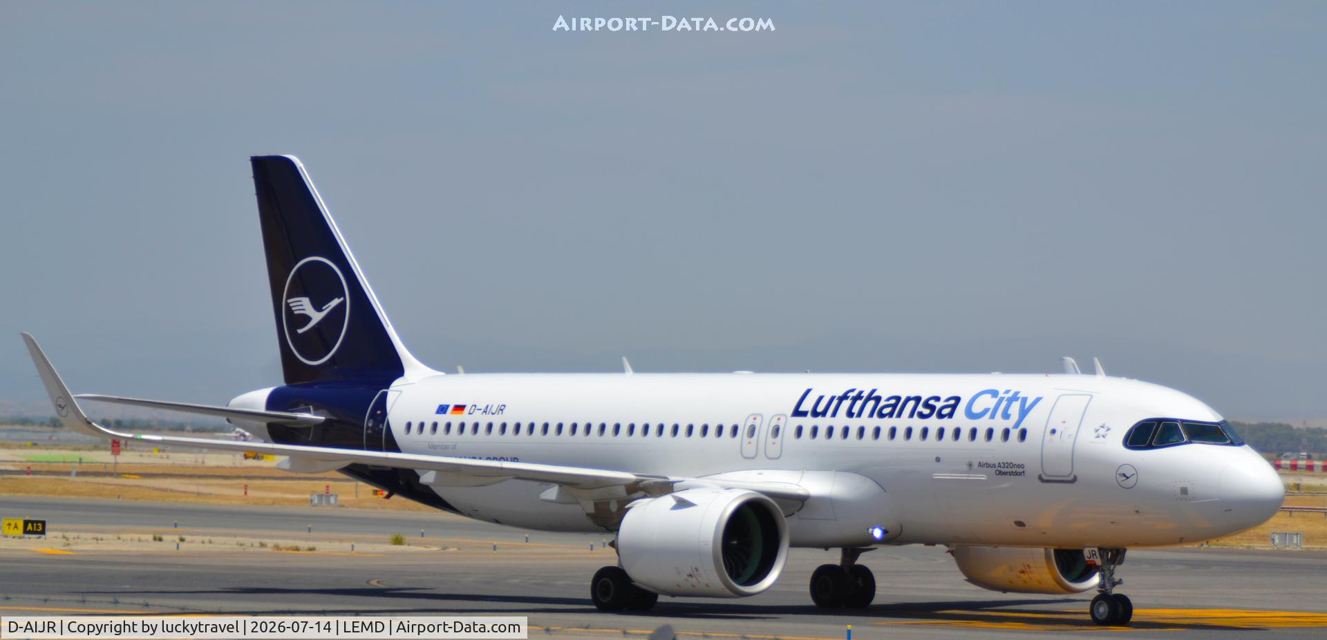 Aircraft D-AIJR, 2025 Airbus A320-271N, c/n 12656, LufthansaCity A320neo taxiing at Madrid (LEMD) to Terminal 2 after Landing, at LEMD, photo by luckytravel